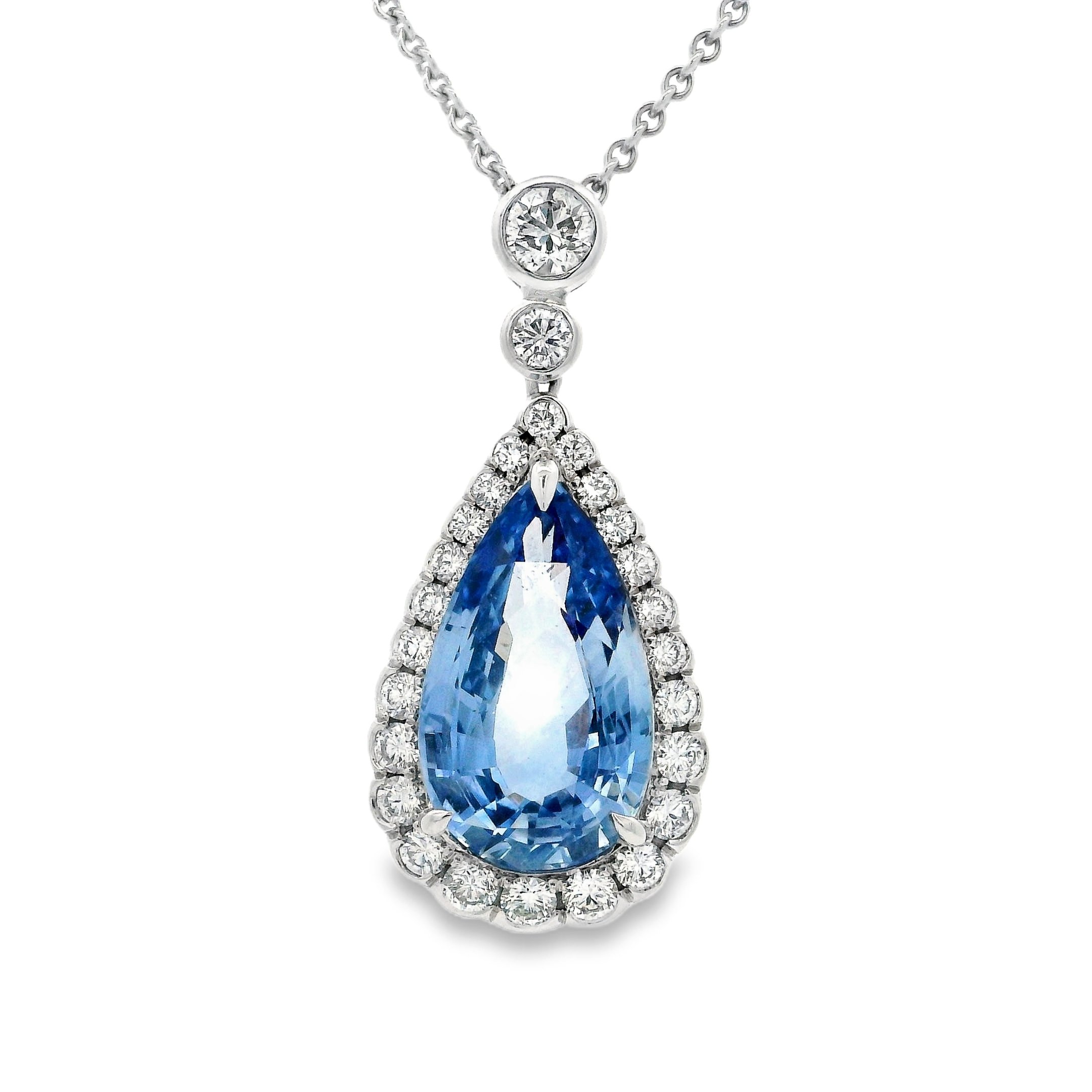 18ct White Gold Claw Set Pear Shape Sapphire & Diamond Cluster Pendant
