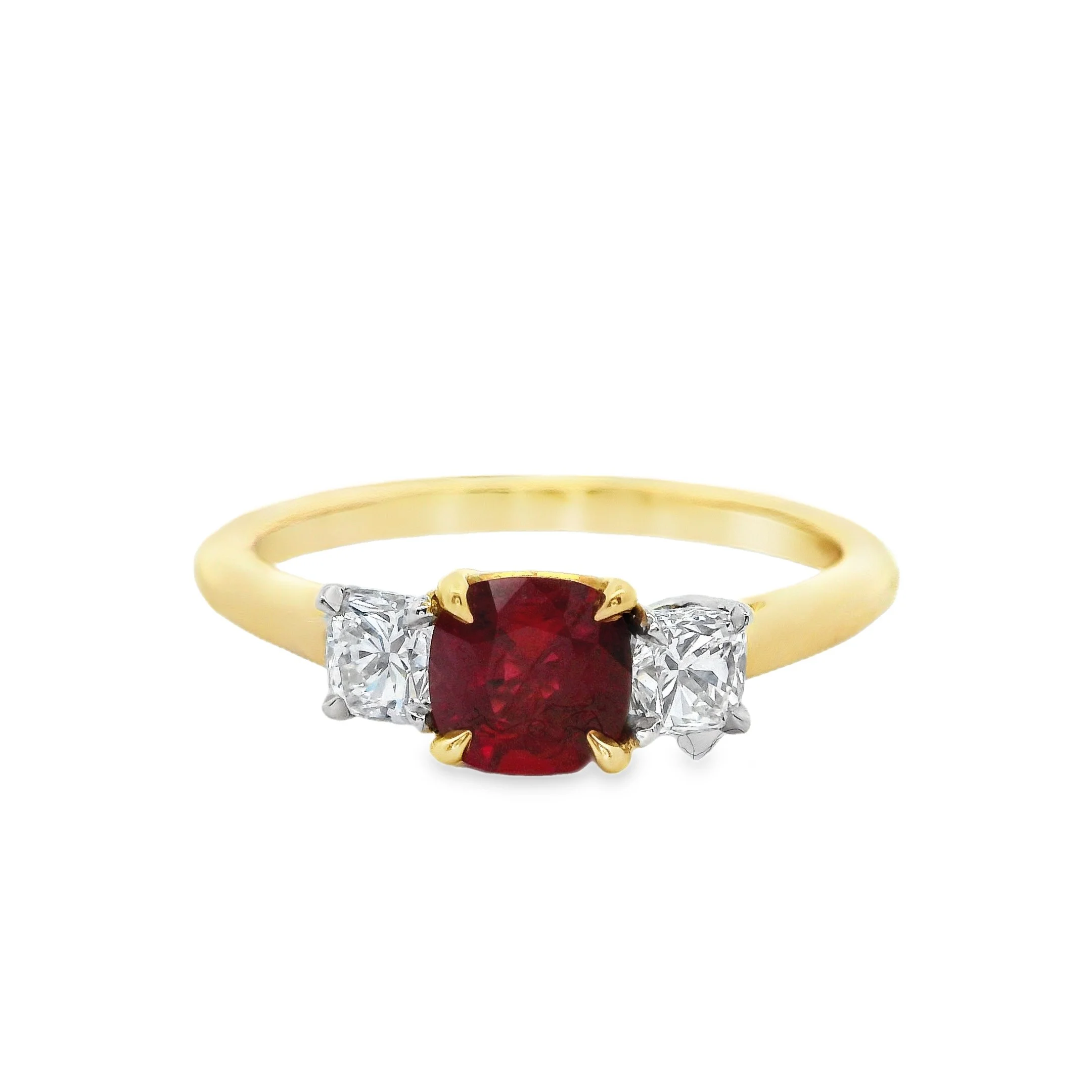 18ct Yellow Gold & Platinum Claw Set Cushion Ruby & Diamond 3 Stone Ring