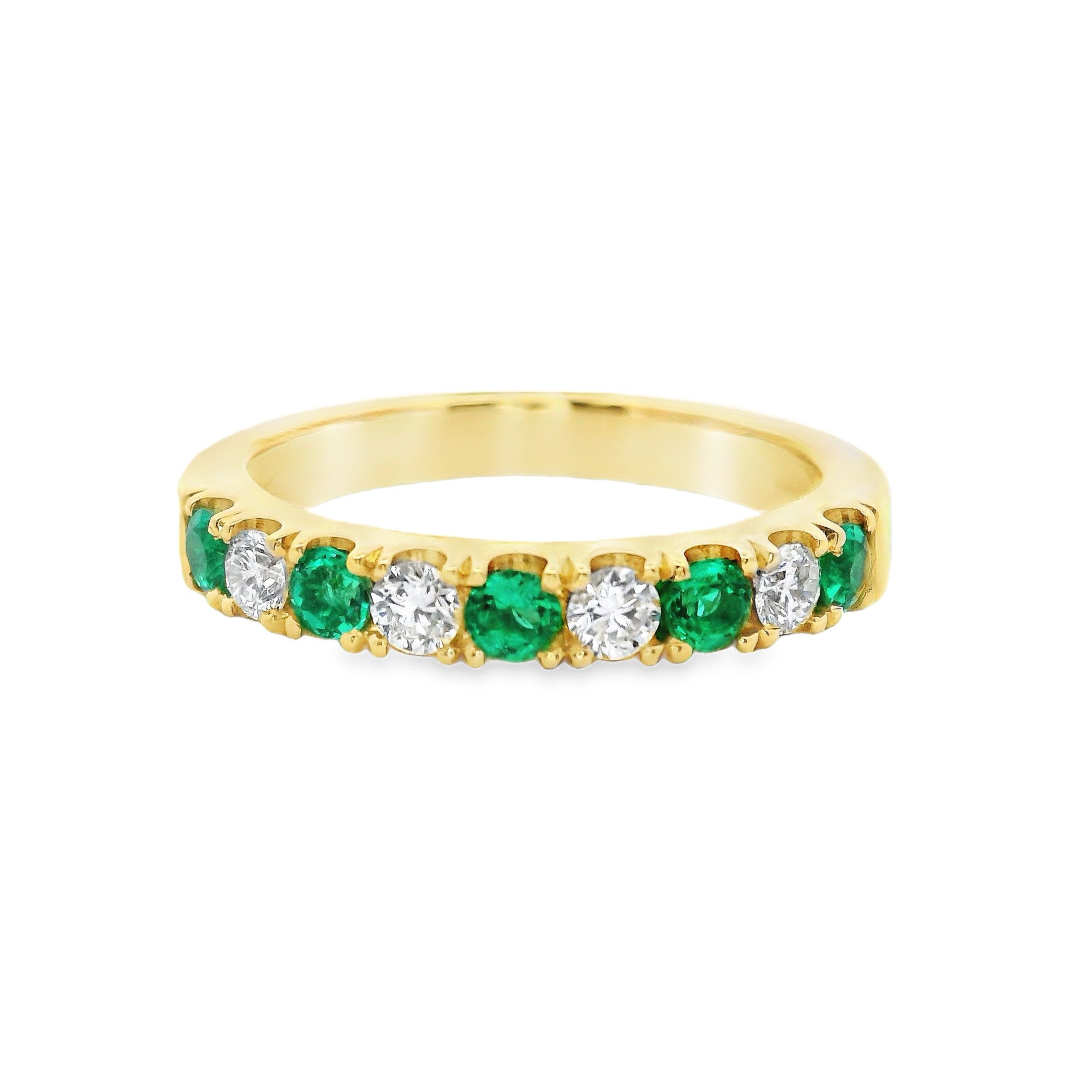 18ct Yellow Gold 3mm Castle Set Emerald & Diamond Half Eternity Ring