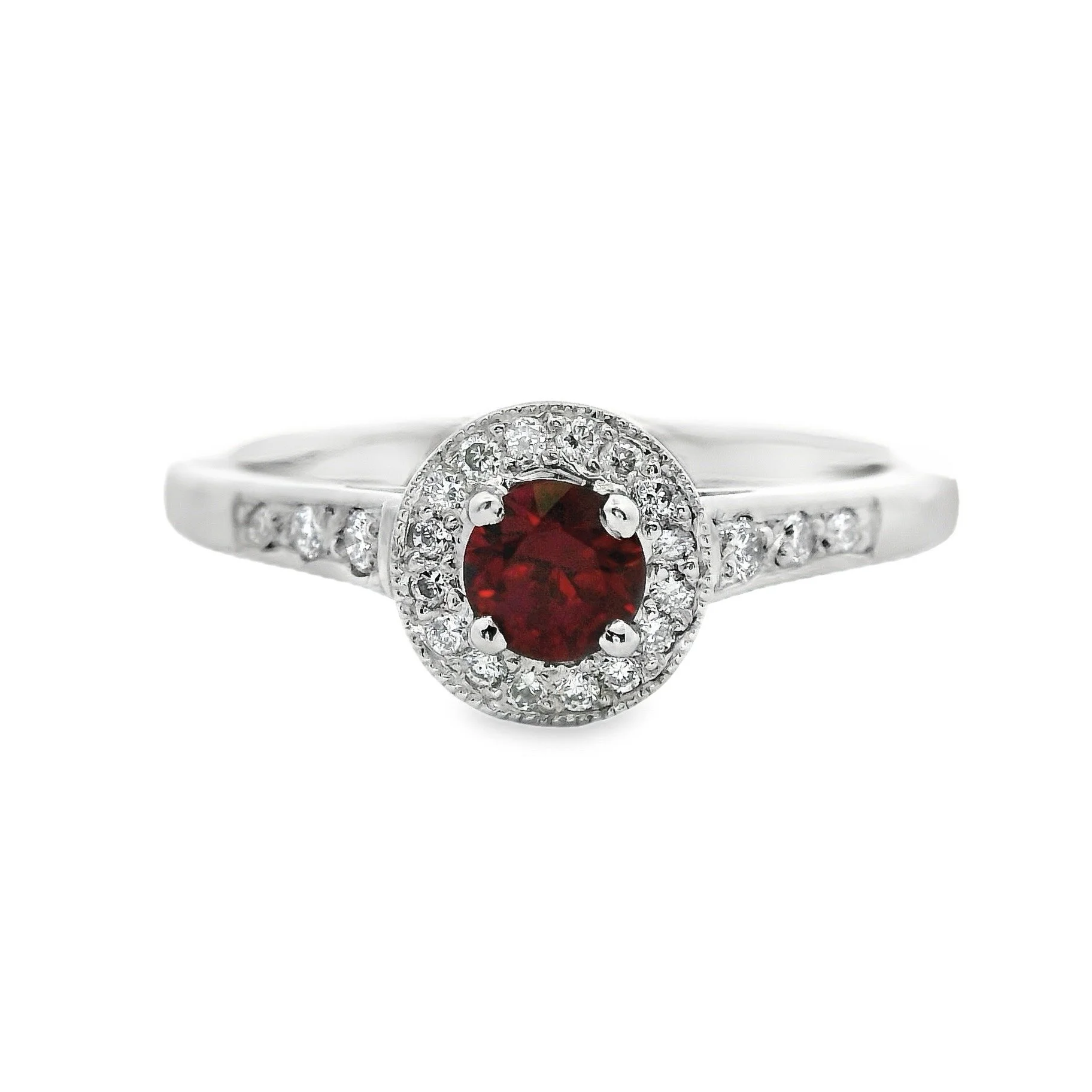 Platinum Claw Set Round Ruby & Diamond Halo Ring, with Diamond Shoulders