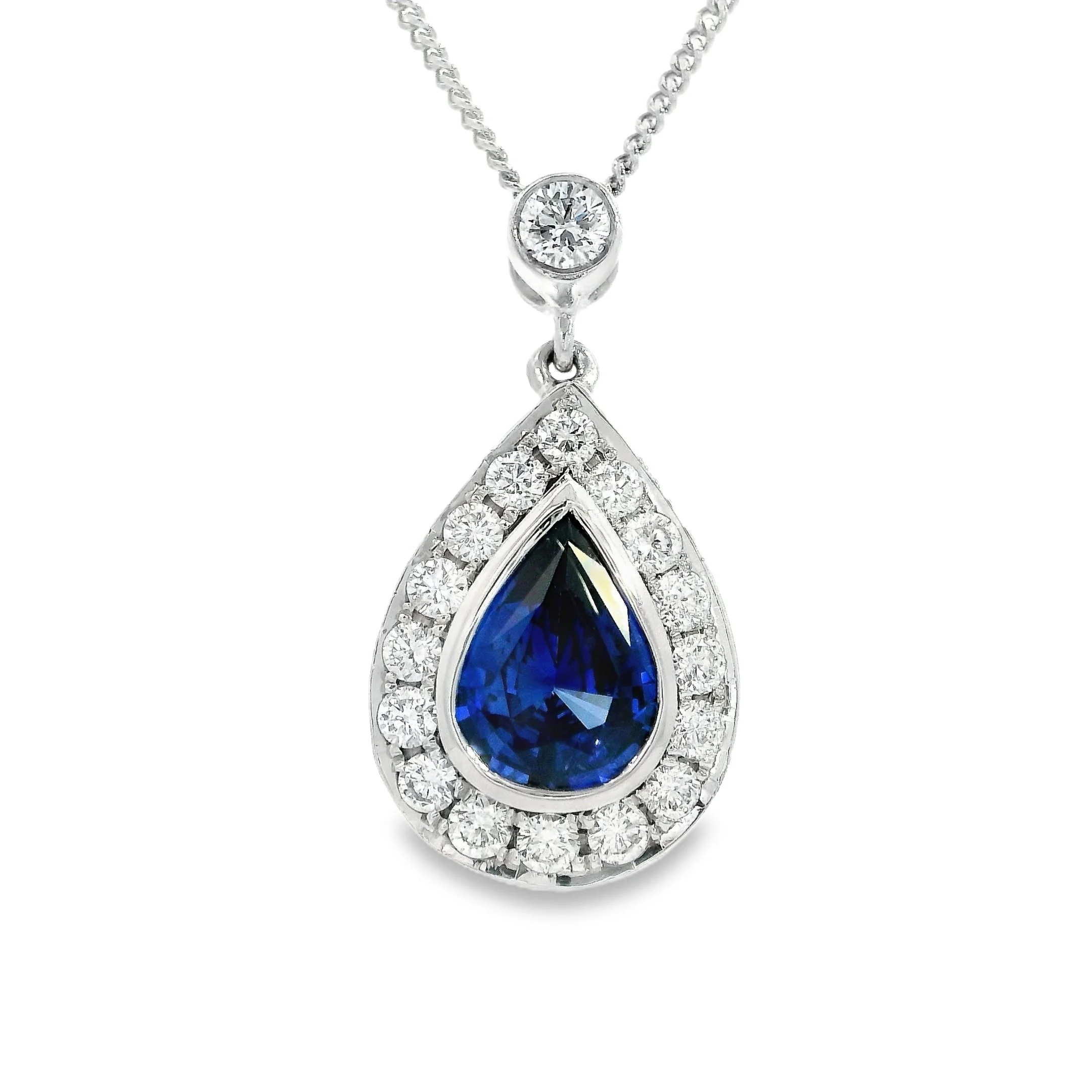 18ct White Gold Bezel Set Pear Shape Sapphire & Diamond Halo Pendant