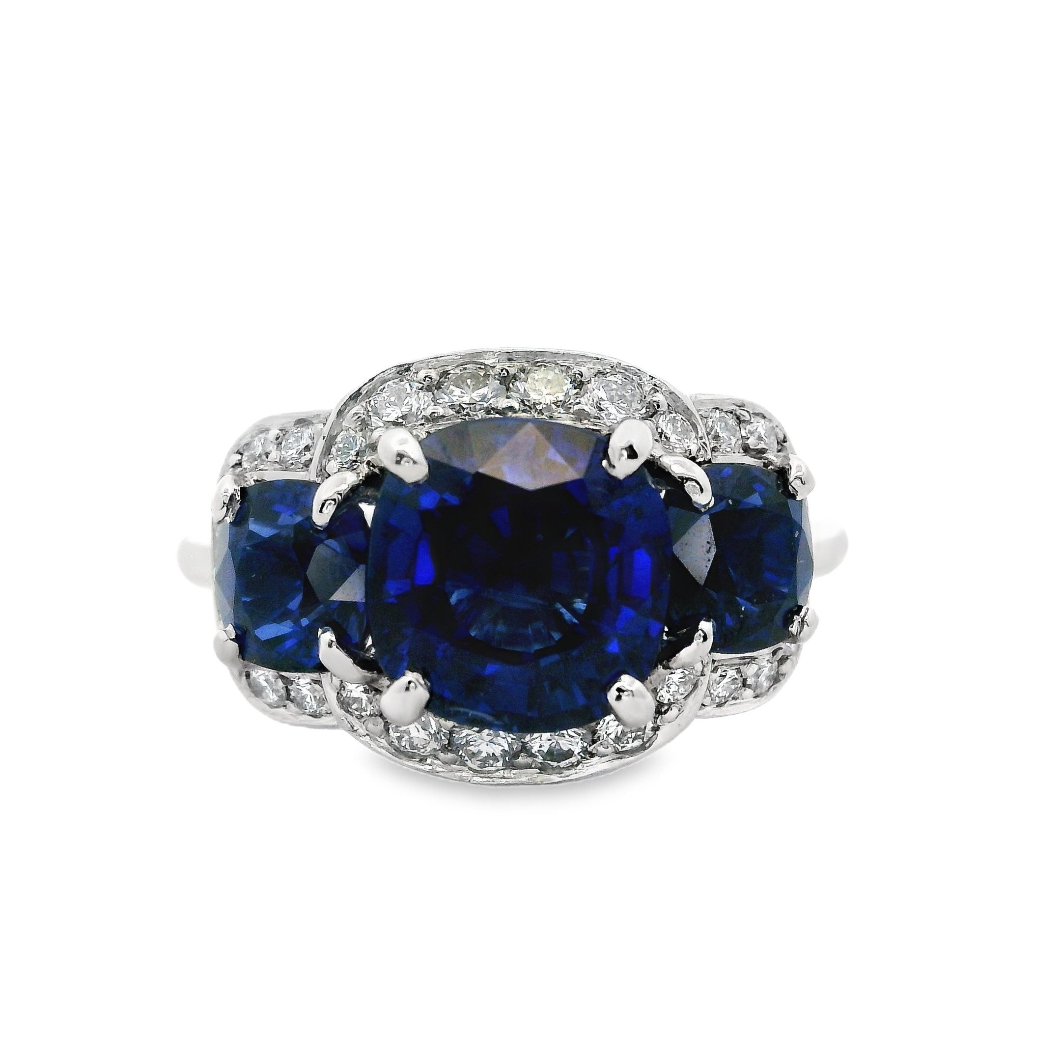 Platinum Claw Set Cushion Sapphire 3 Stone Diamond Halo Ring