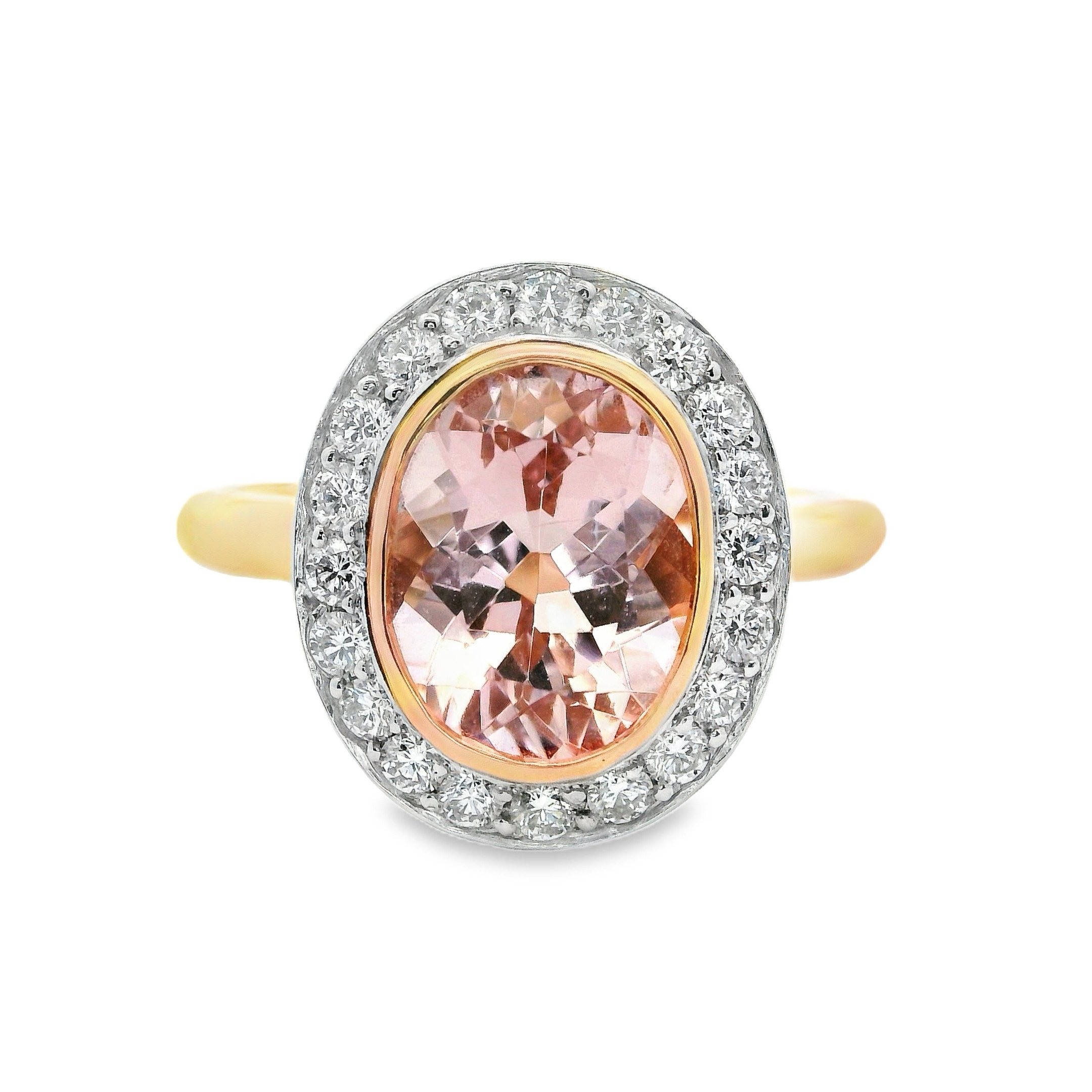 18ct Rose Gold & Platinum Bezel Set Oval Pink Morganite & Diamond Halo Ring