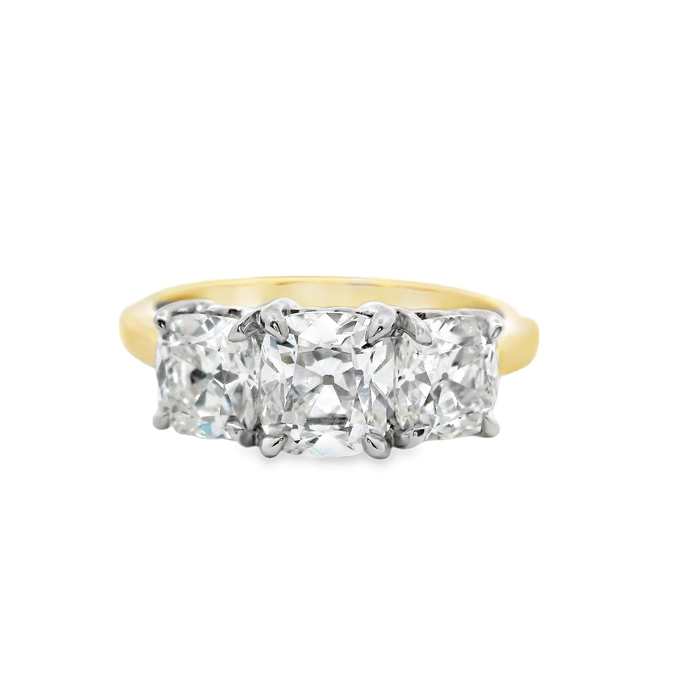 18ct Yellow Gold & Platinum Claw Set Cushion Old Mine Diamond 3 Stone Ring