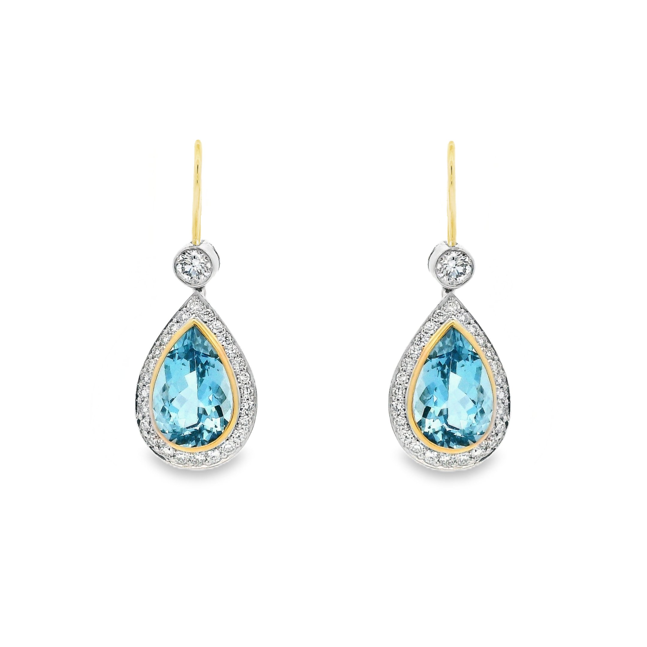 18ct White & Yellow Gold Bezel Set Pear Shape Aquamarine & Diamond Halo Drop Earrings