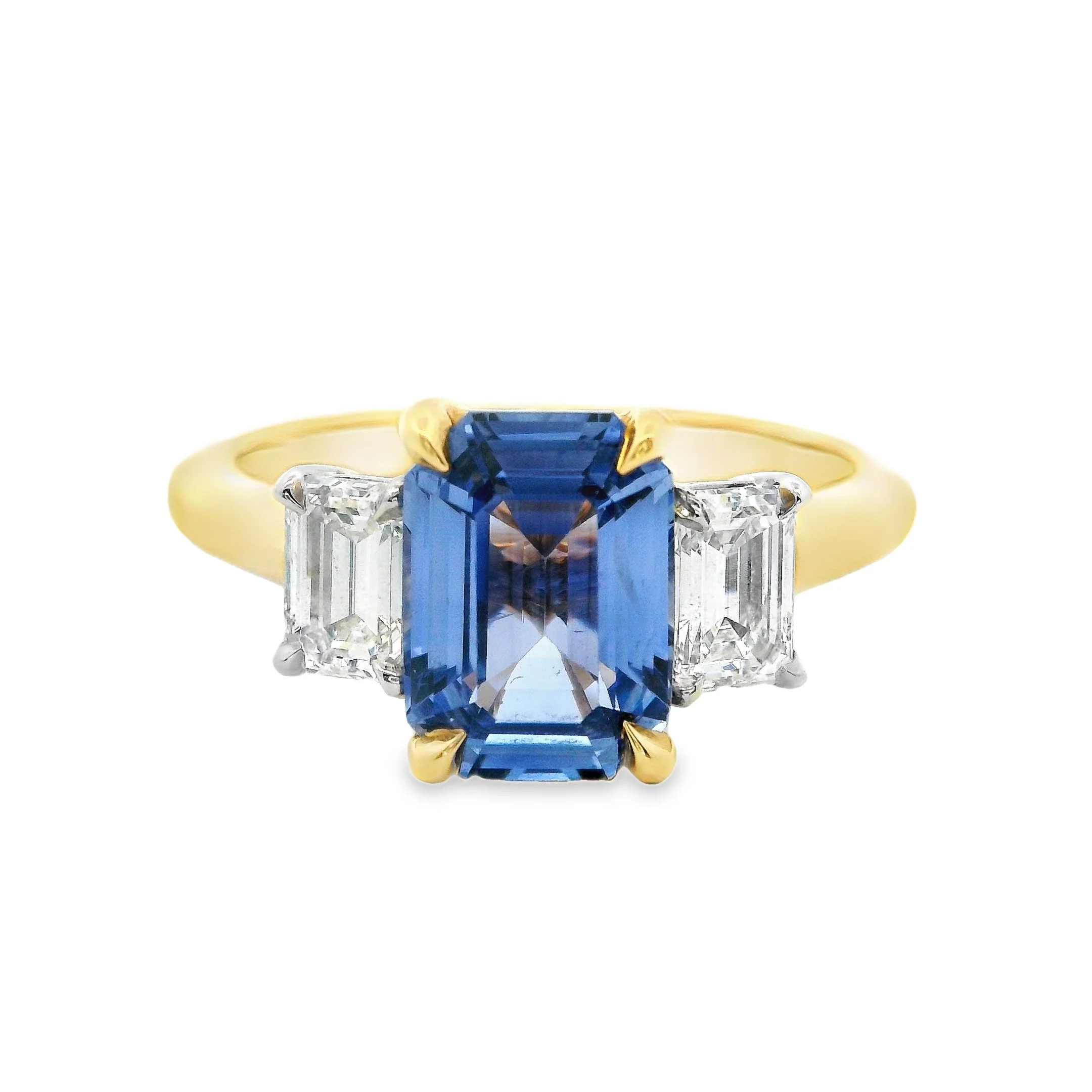 18ct Yellow Gold & Platinum Claw Set Emerald Cut Sapphire & Diamond 3 Stone Ring