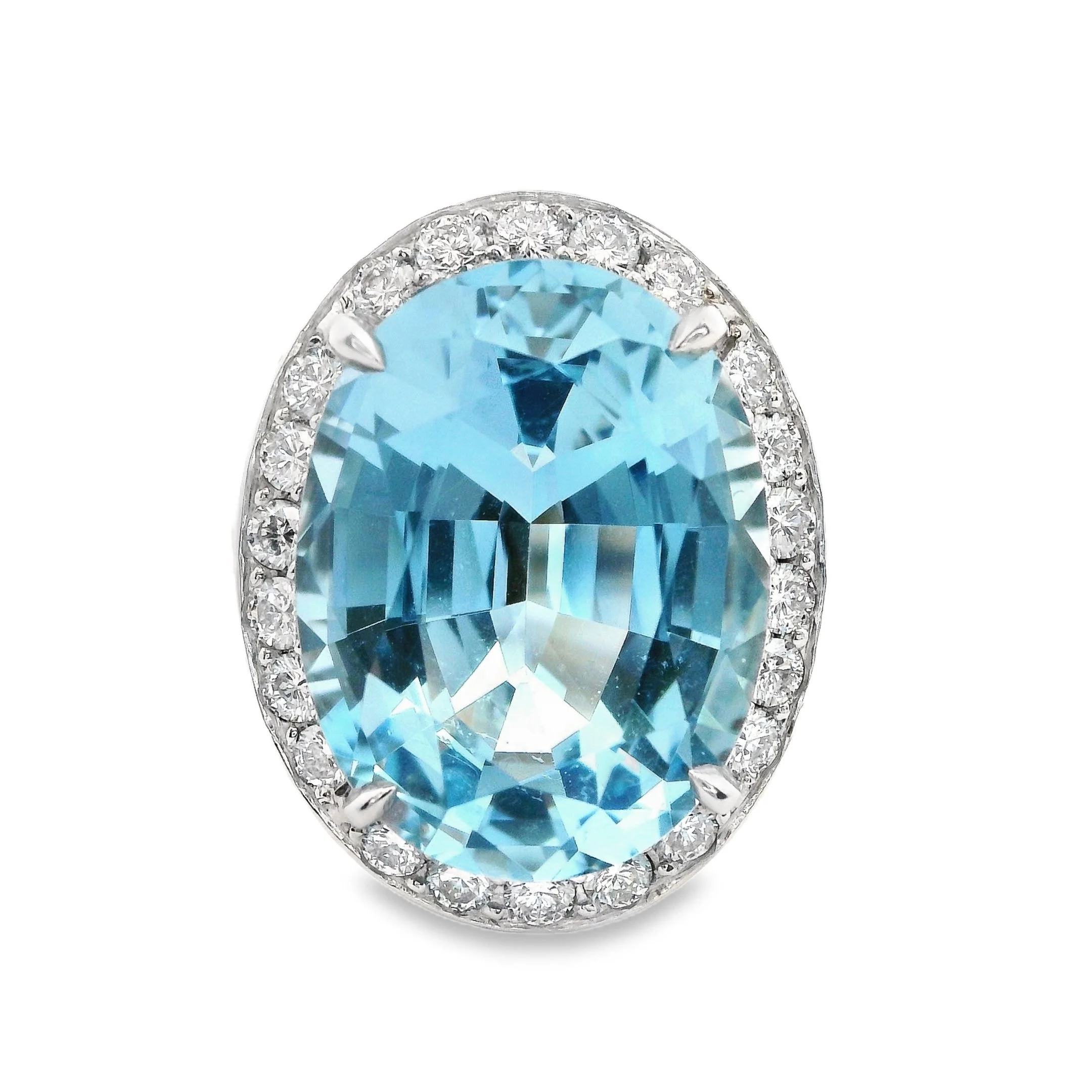 Platinum Claw Set Oval Aquamarine & Diamond Halo Ring