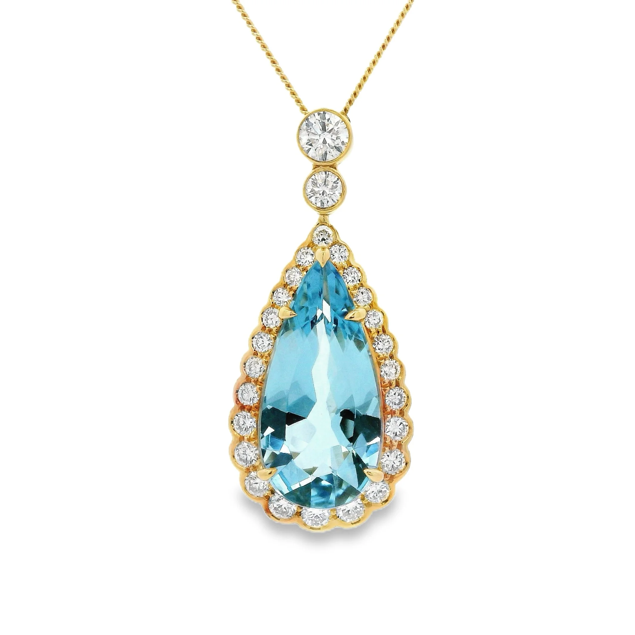 18ct Yellow Gold Claw Set Pear Shape Aquamarine & Diamond Cluster Pendant