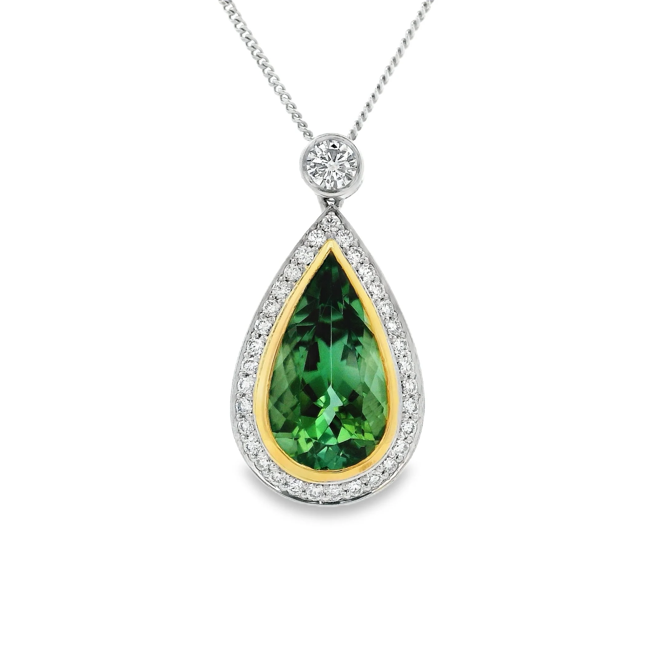 18ct White & Yellow Gold Bezel Set Pear Shape Green Tourmaline & Diamond Halo Pendant