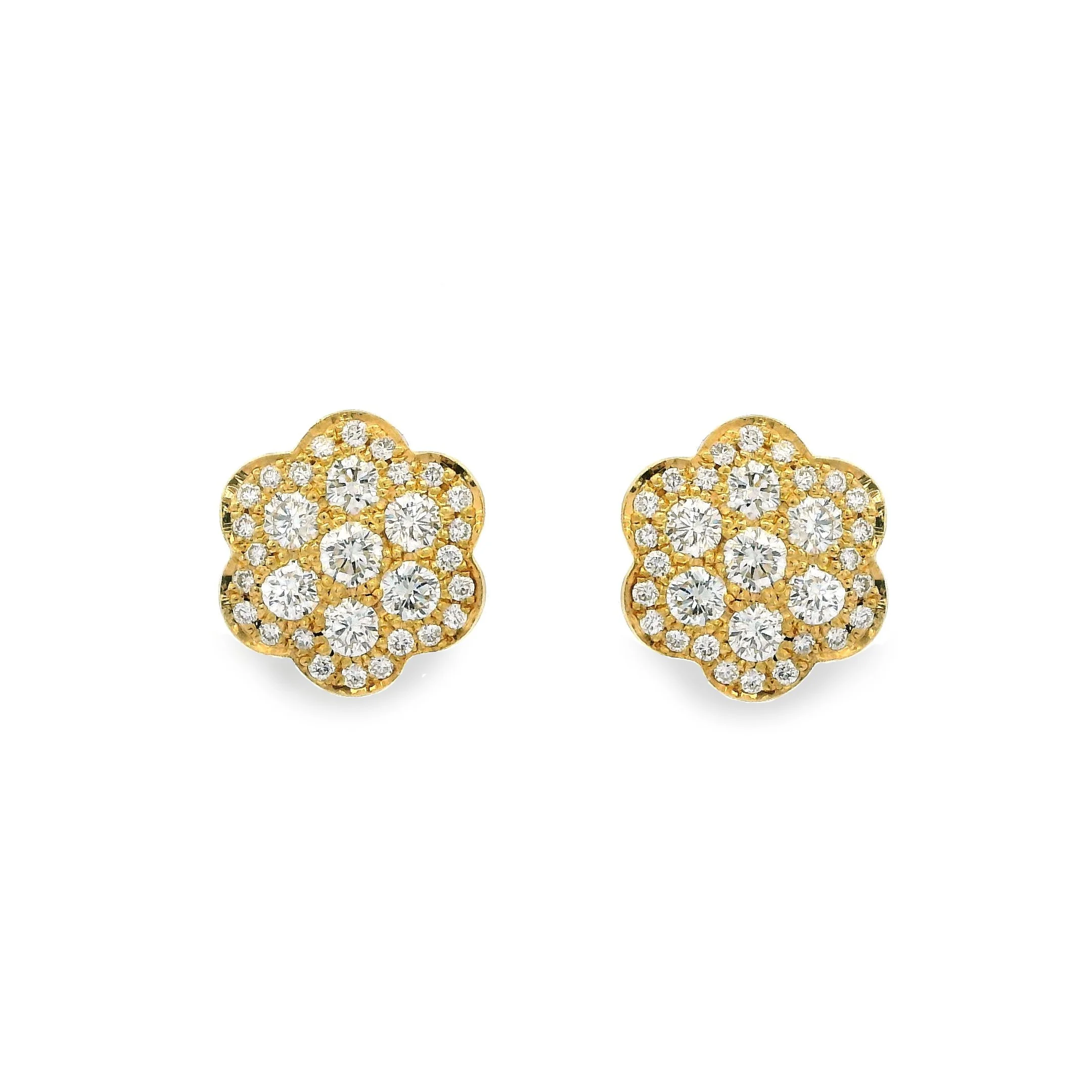 18ct Yellow Gold Pave Set Brilliant Cut Diamond Flower Cluster Stud Earrings