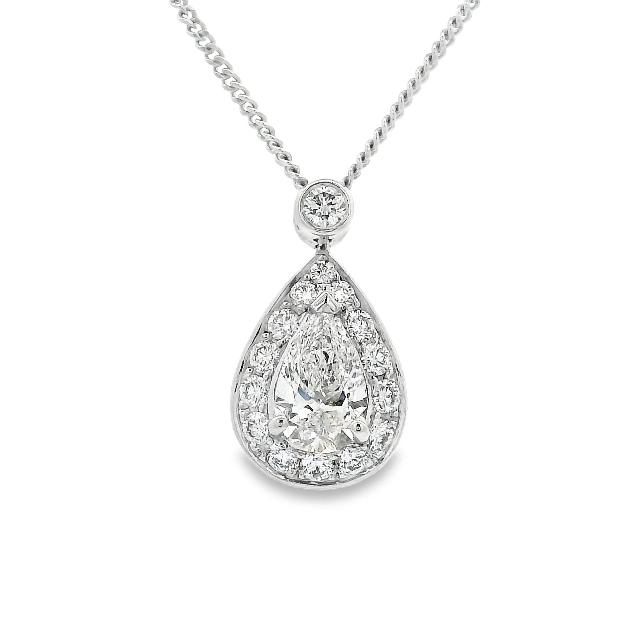 18ct White Gold Claw Set Pear Shape Diamond Halo Pendant