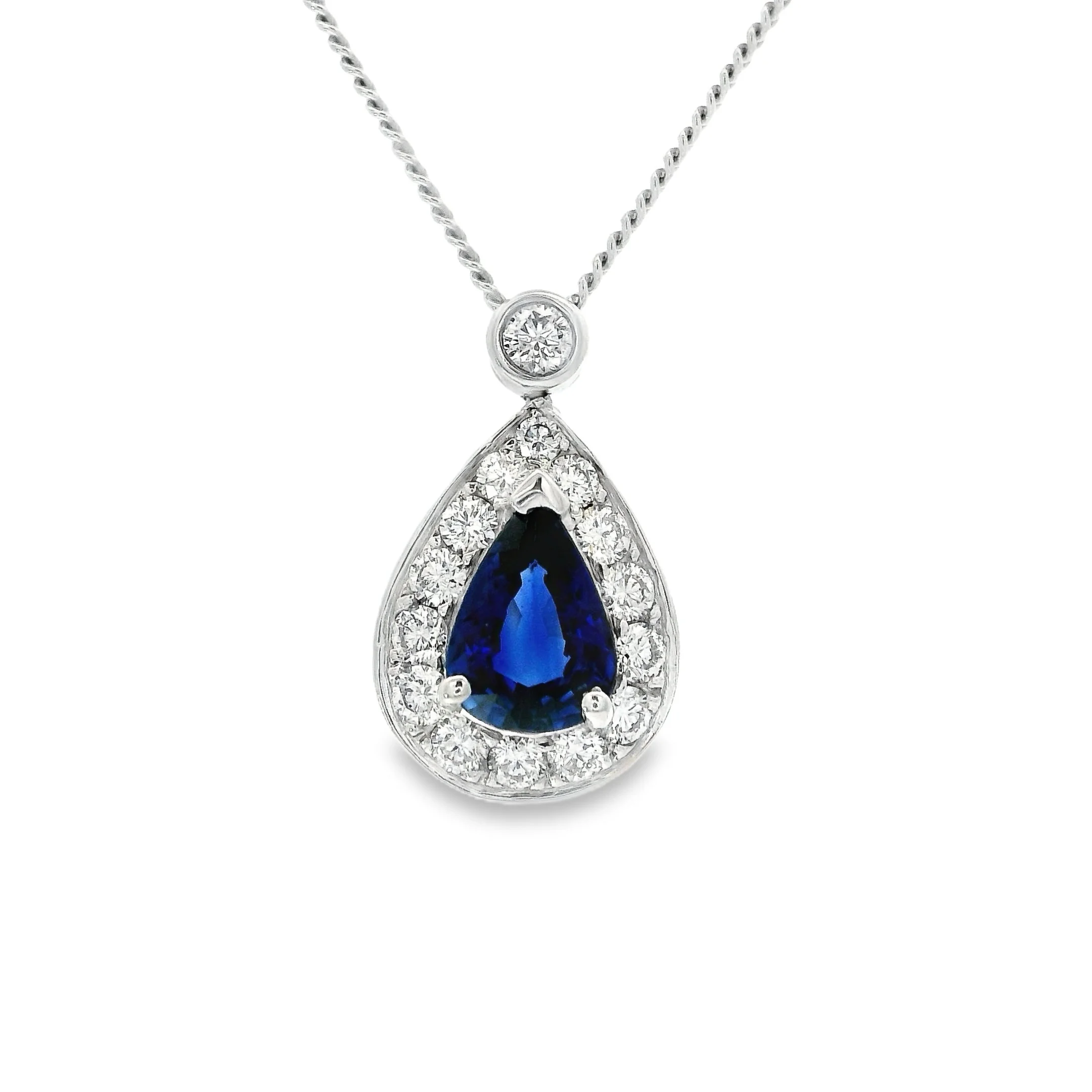 18ct White Gold Claw Set Pear Shape Sapphire & Diamond Halo Pendant