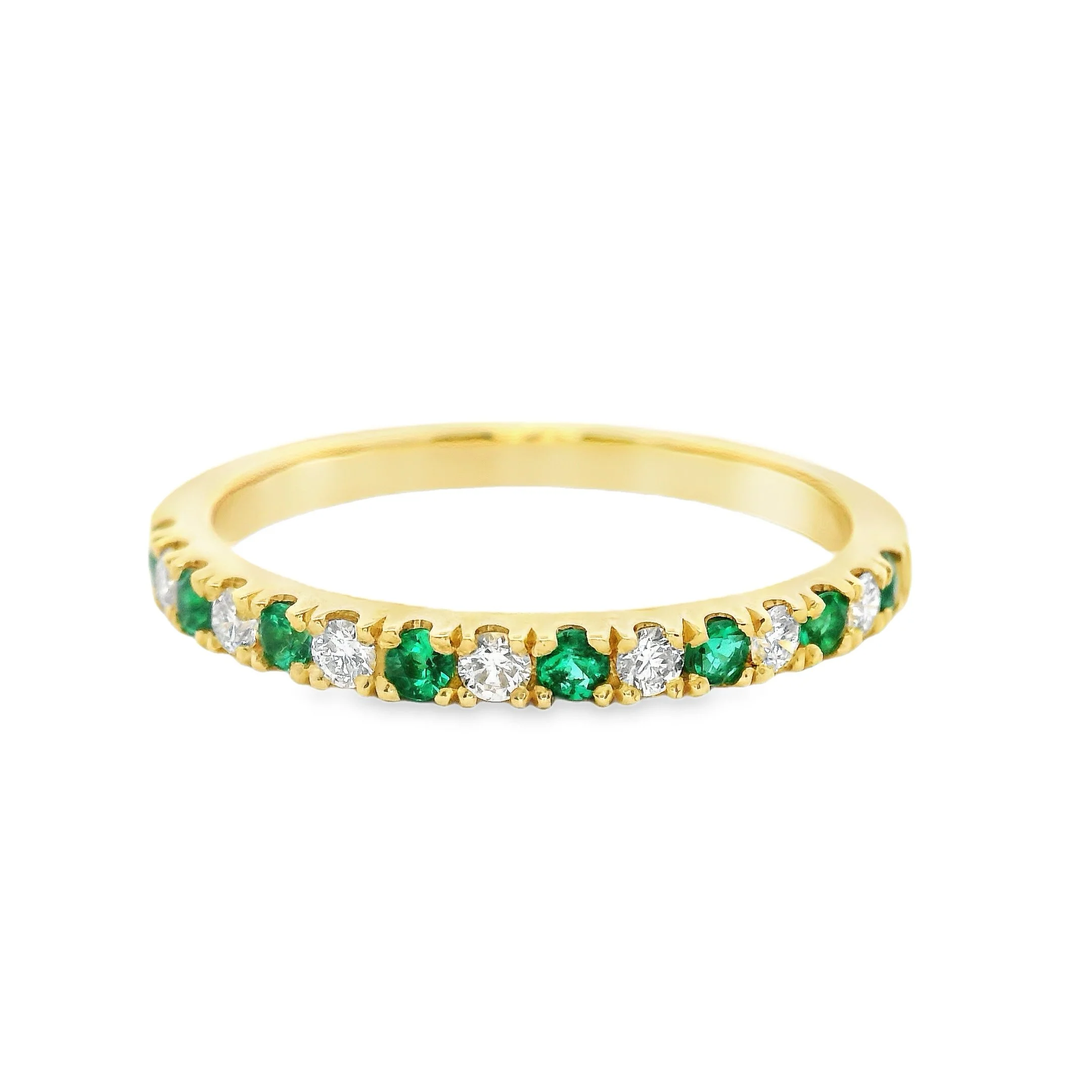 18ct Yellow Gold 2mm Castle Set Emerald & Diamond Half Eternity Ring