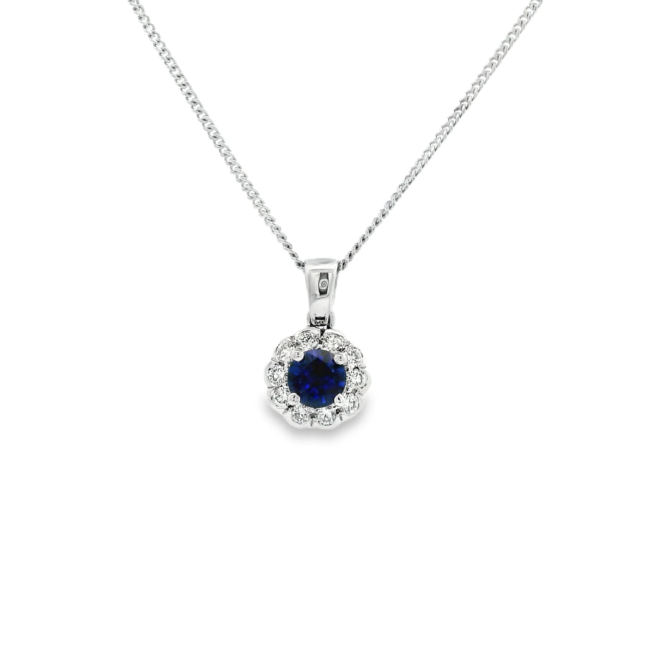 18ct White Gold Claw Set Round Sapphire & Diamond Cluster Pendant