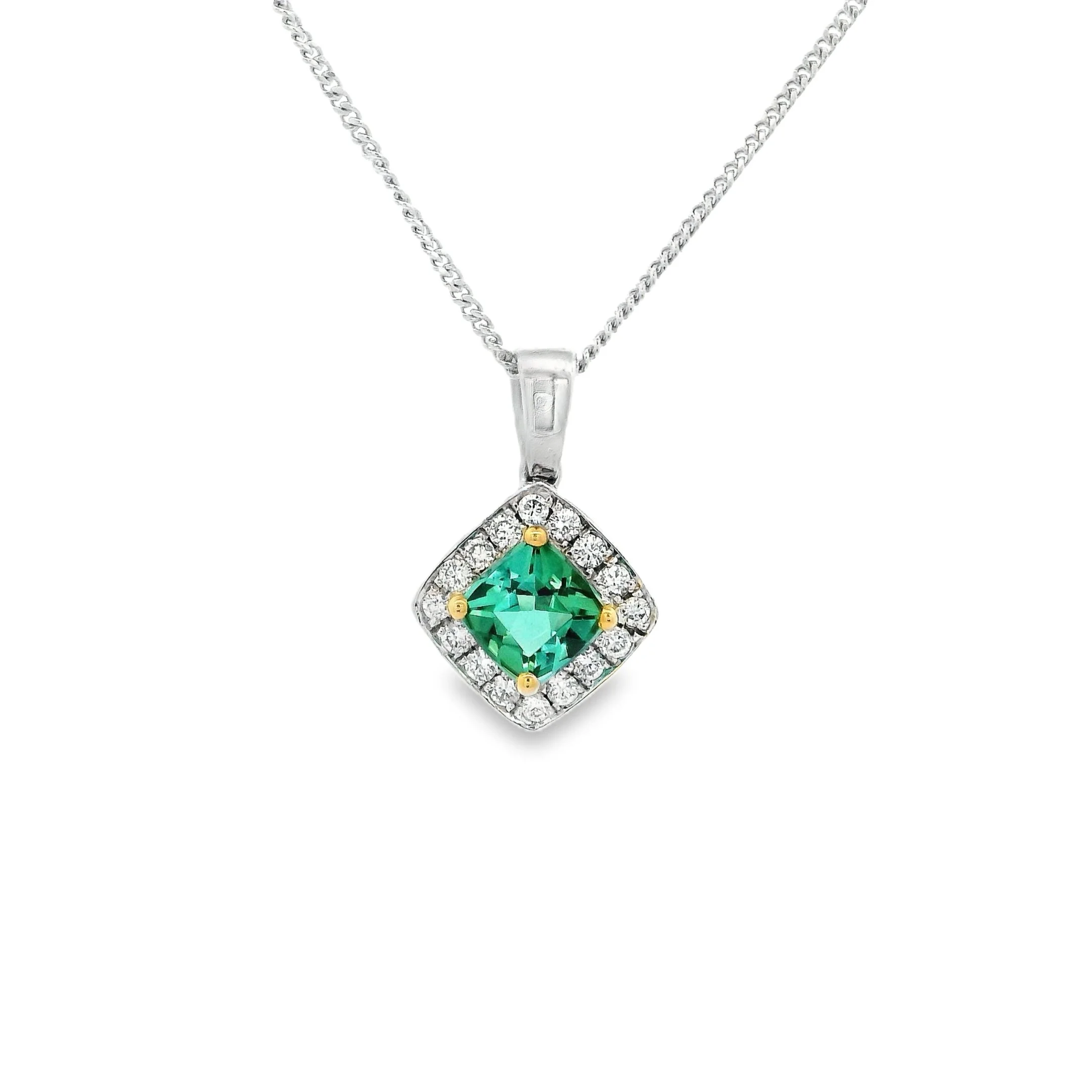 18ct White & Yellow Gold Claw Set Cushion Green Tourmaline & Diamond Halo Pendant