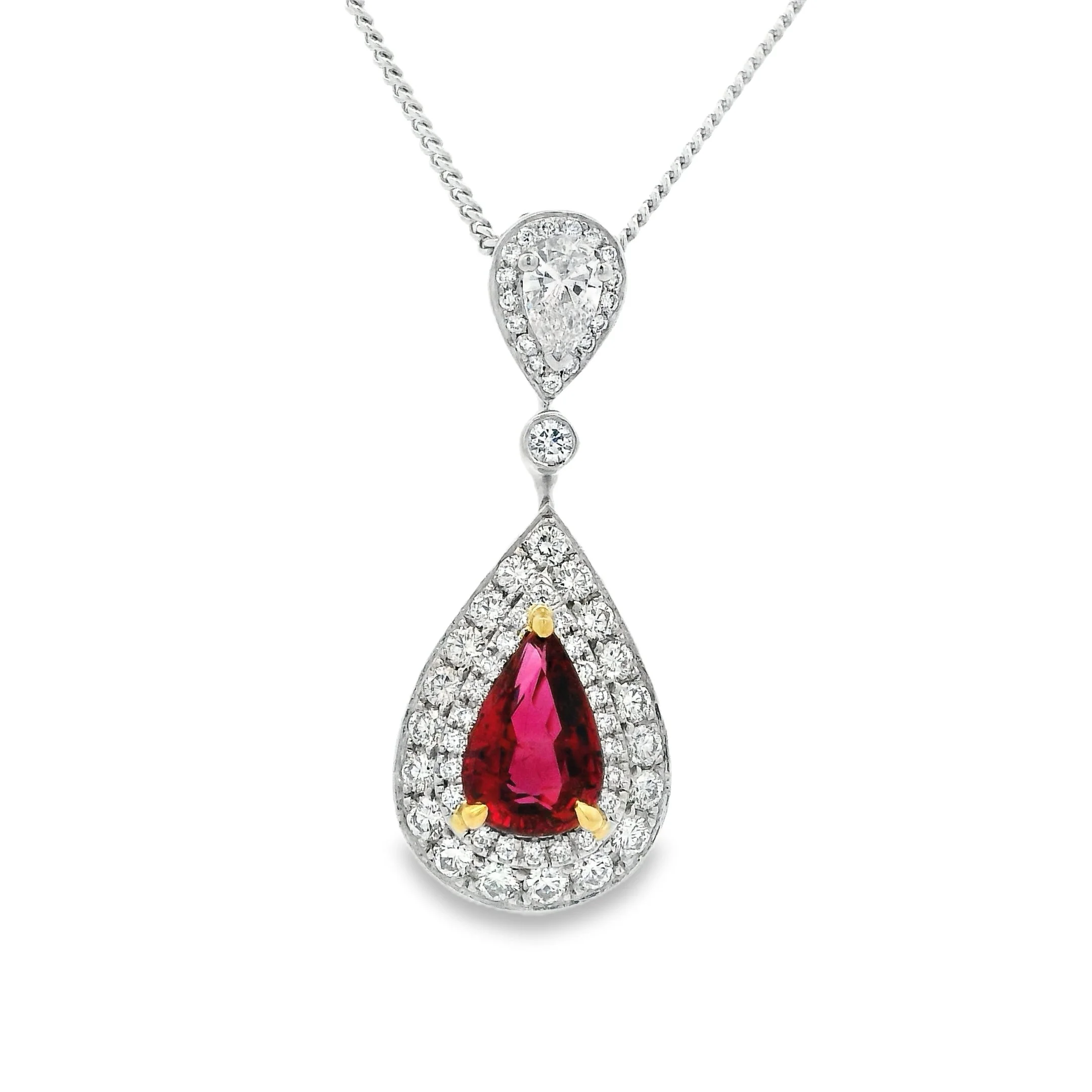 18ct White & Yellow Gold Pear Shape Ruby & Diamond Double Halo Pendant