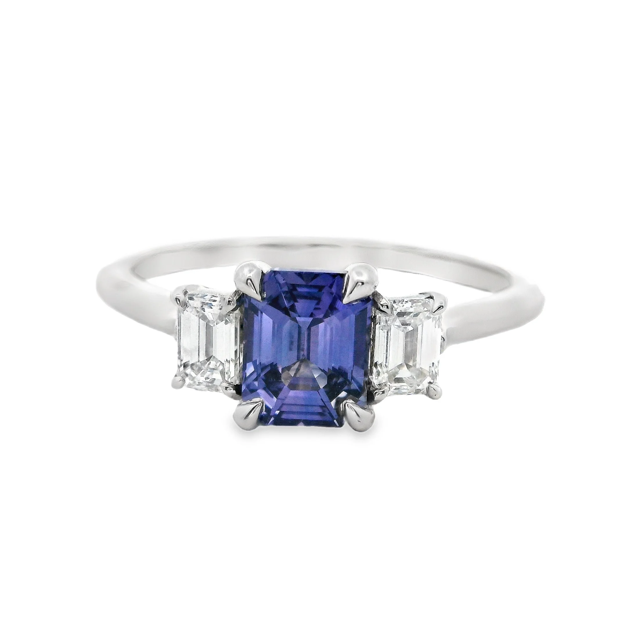 Platinum Claw Set Emerald Cut Violet Sapphire & Diamond 3 Stone Ring