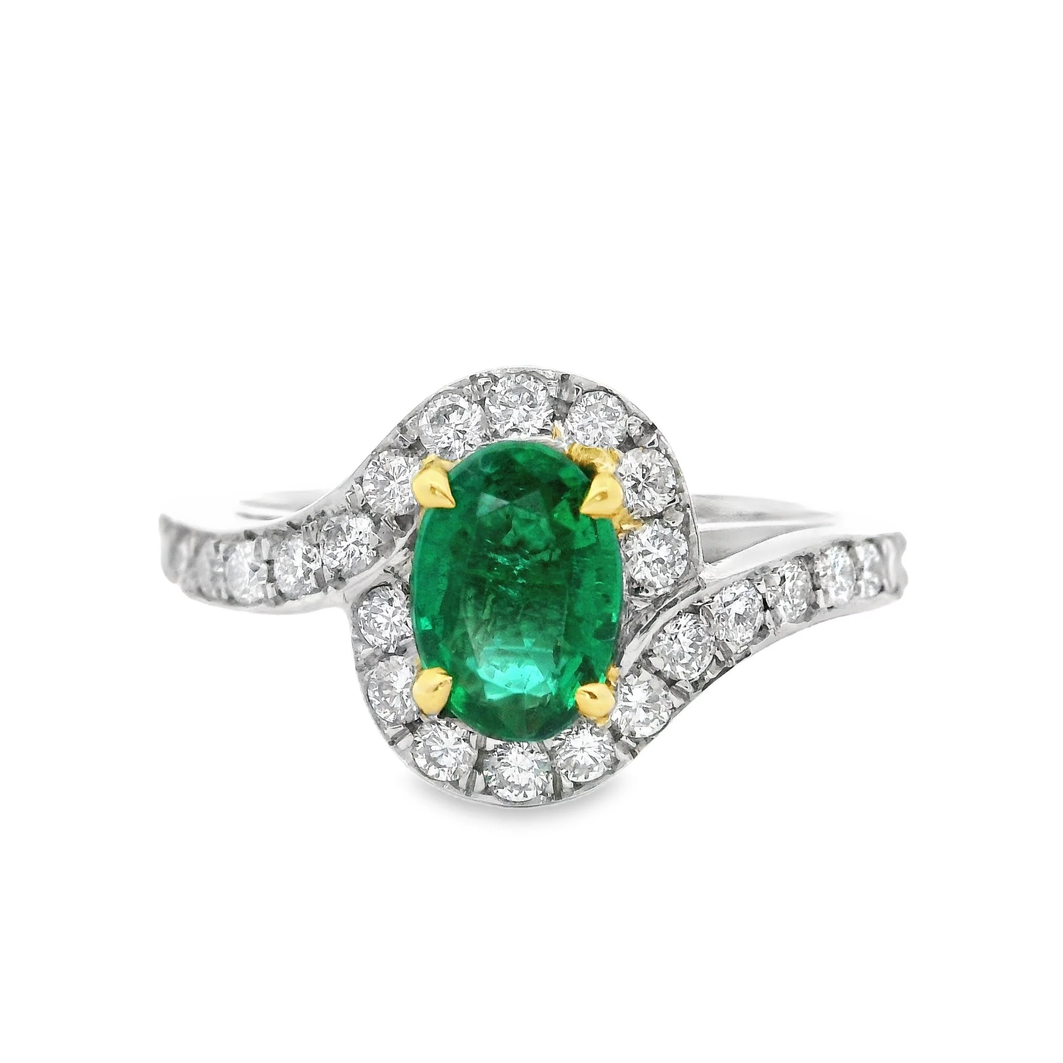 Platinum & 18ct Yellow Gold Claw Set Oval Emerald & Diamond Halo Twist Ring