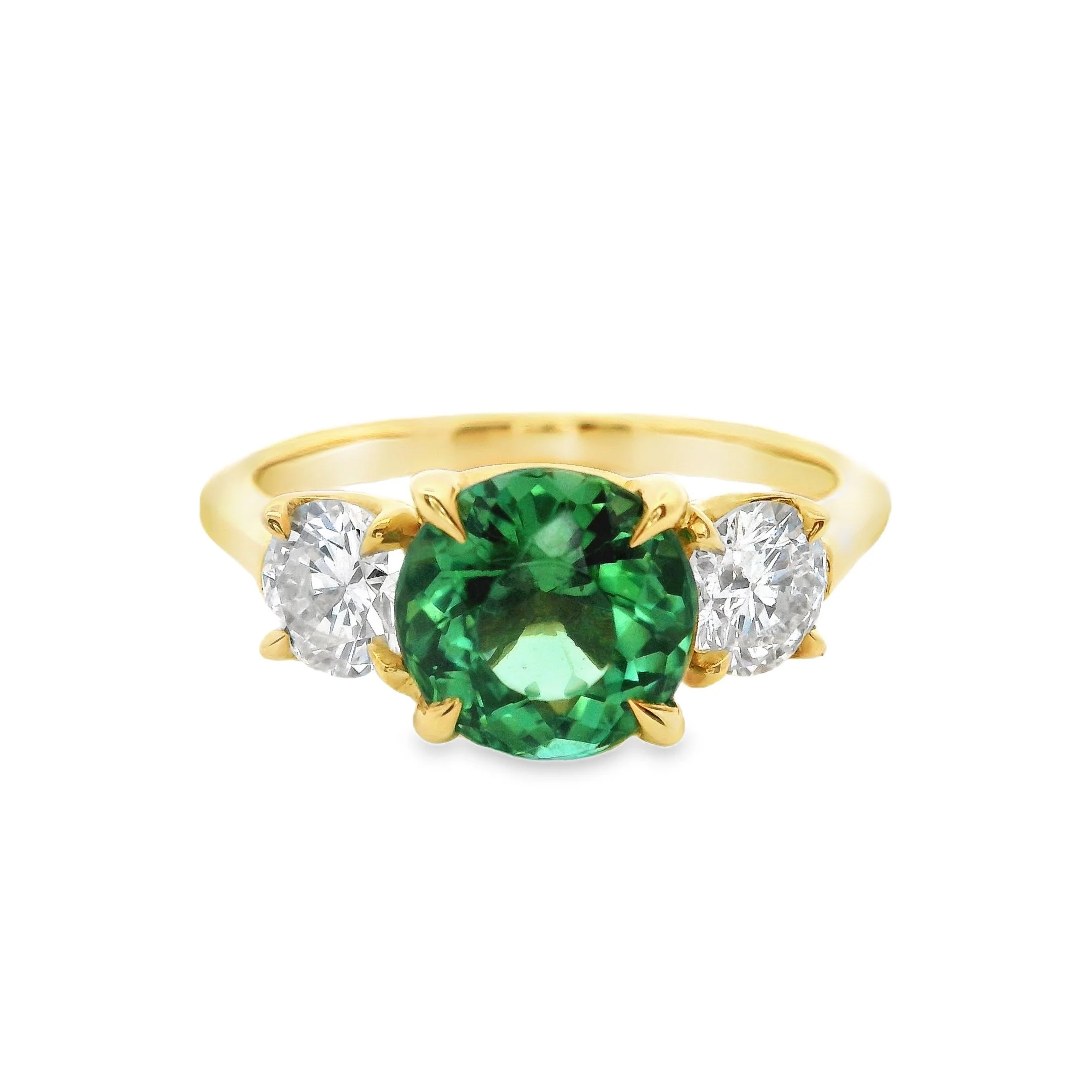 18ct Yellow Gold Claw Set Round Green Tourmaline & Brilliant Cut Diamond 3 Stone Ring