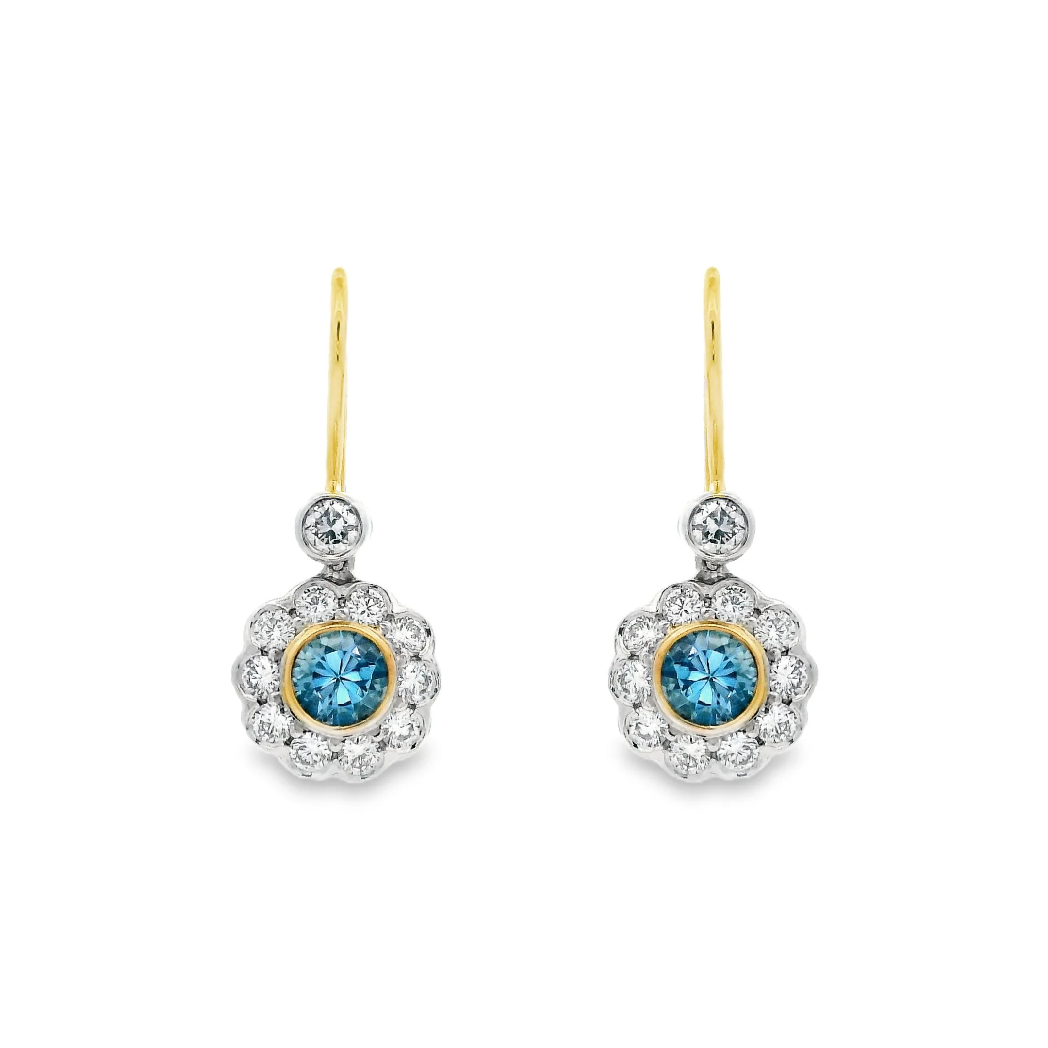 18ct White & Yellow Gold Bezel Set Round Aquamarine & Diamond Cluster Drop Earrings