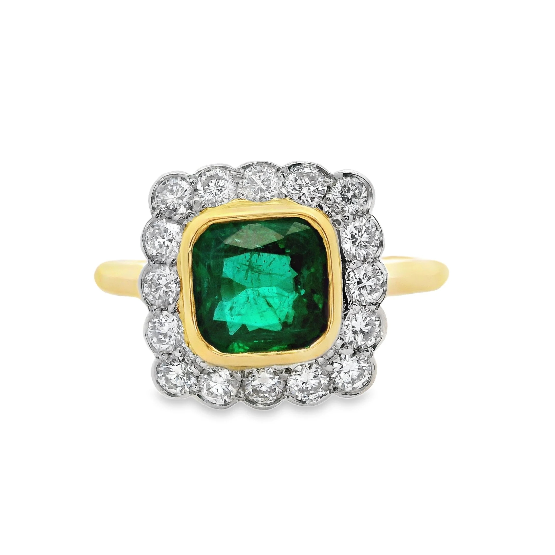18ct Yellow Gold & Platinum Bezel Set Square Cushion Emerald & Diamond Cluster Ring