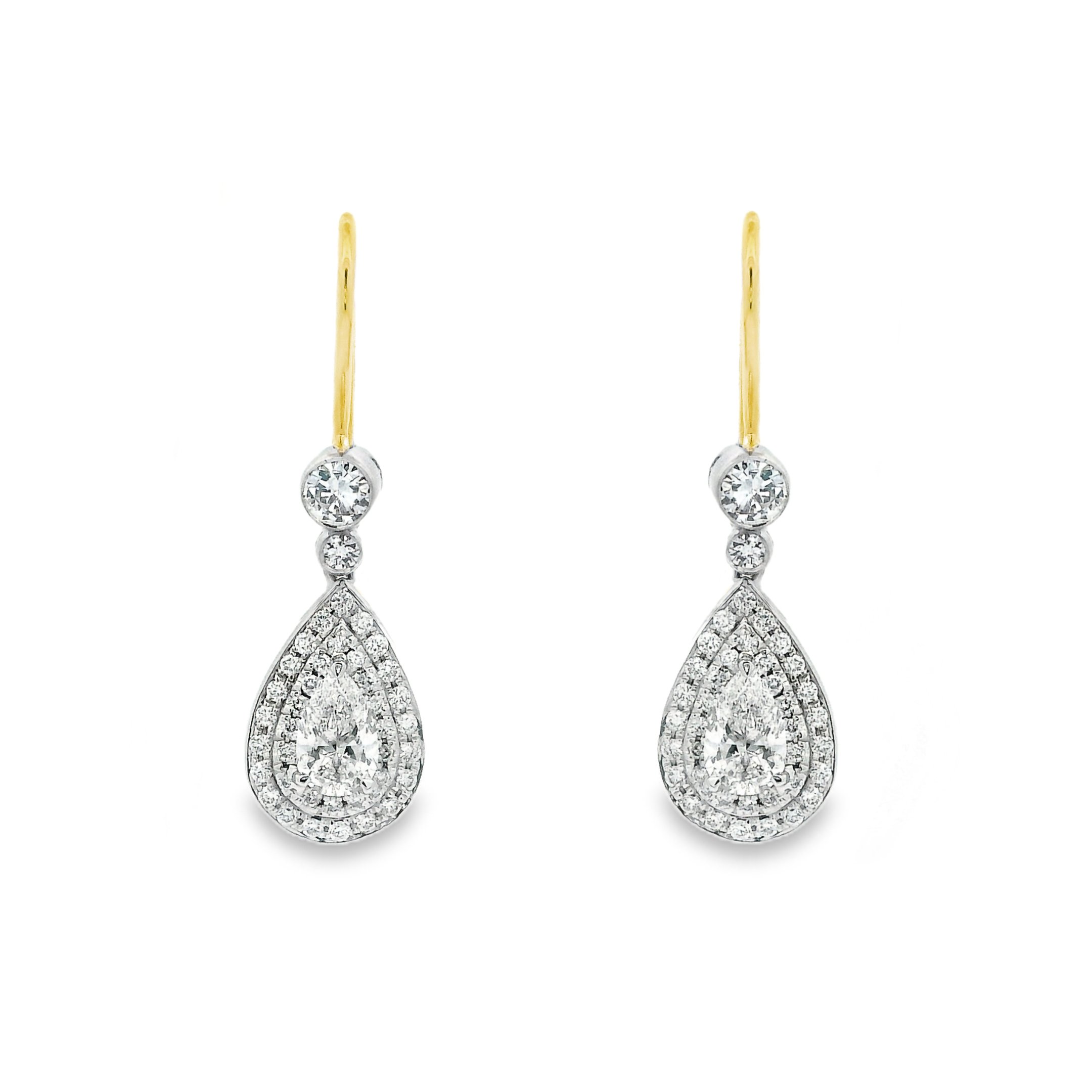 18ct White & Yellow Gold Claw Set Pear Shape Diamond Double Halo Drop Earrings