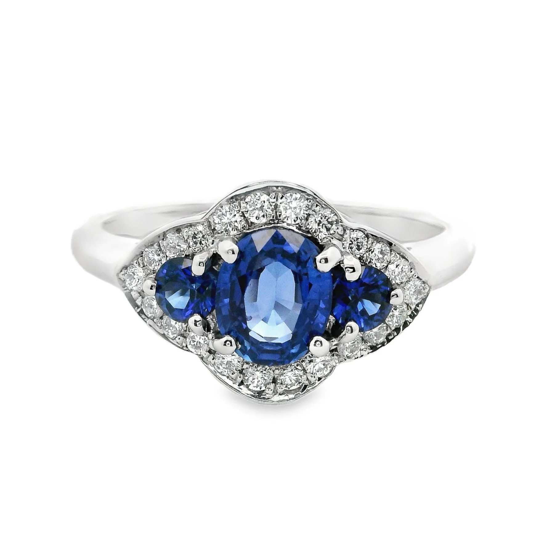 Platinum Claw Set Sapphire & Diamond 3 Stone Halo Ring