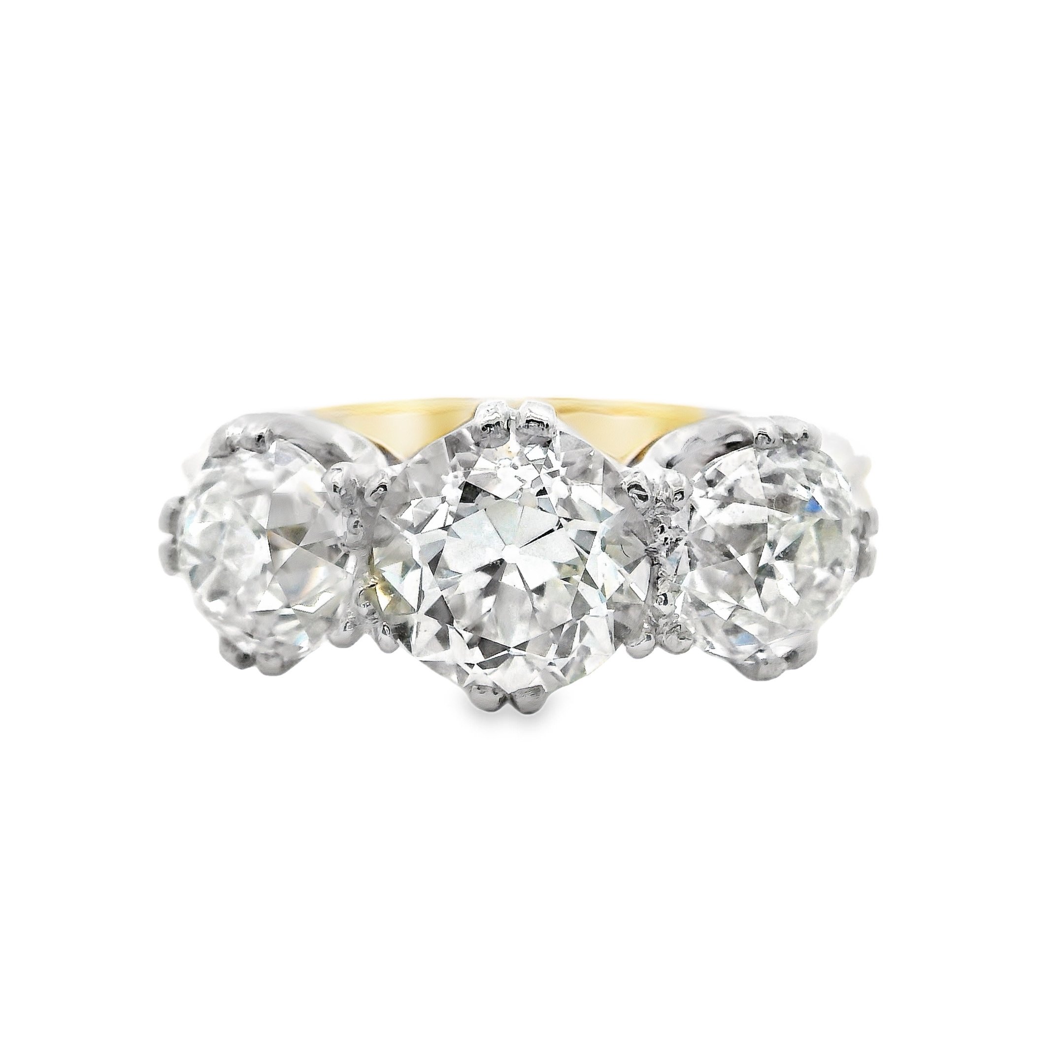 18ct Yellow Gold & Platinum Claw Set European Old Cut Diamond 3 Stone Ring