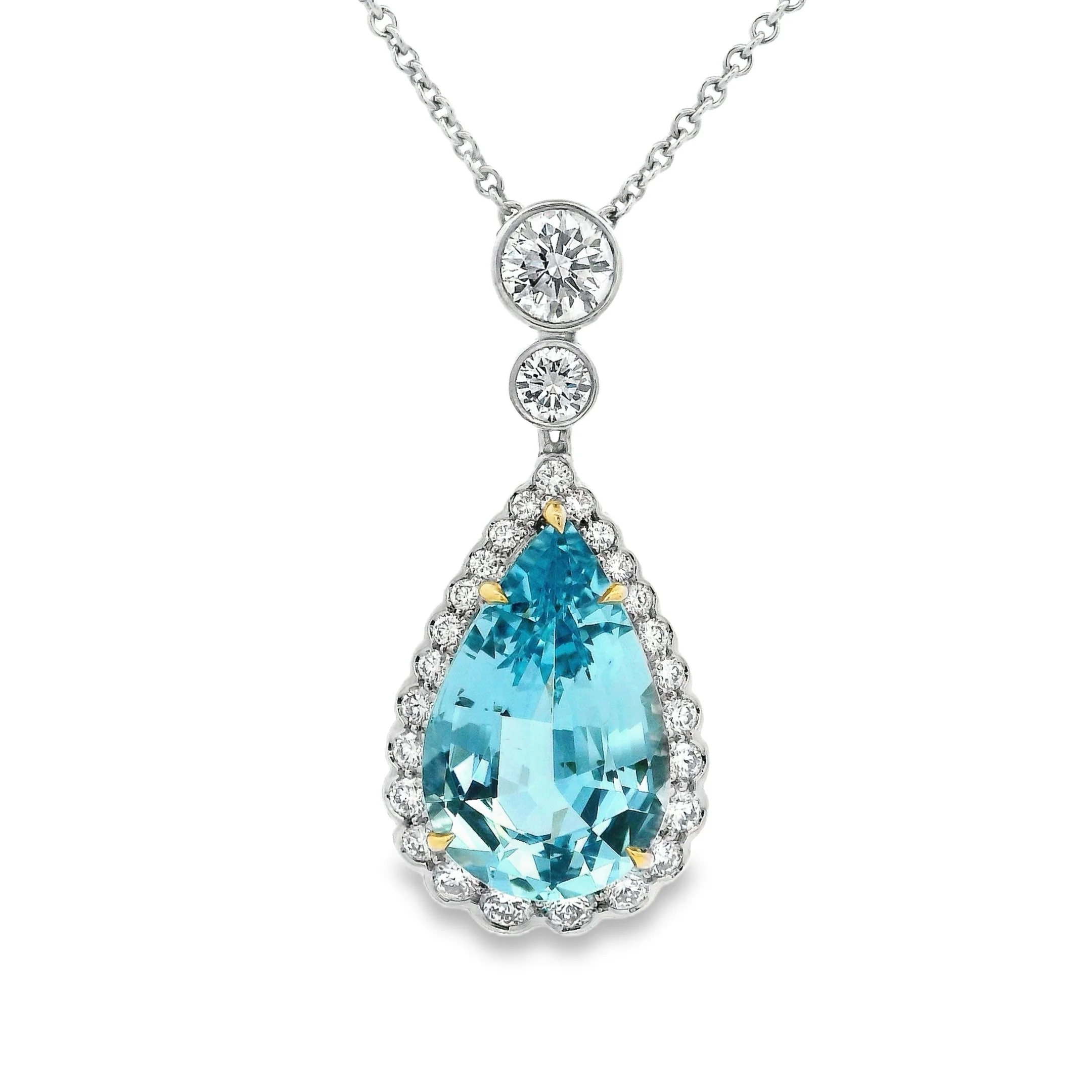 18ct White Gold Claw Set Pear Shape Aquamarine & Diamond Cluster Pendant