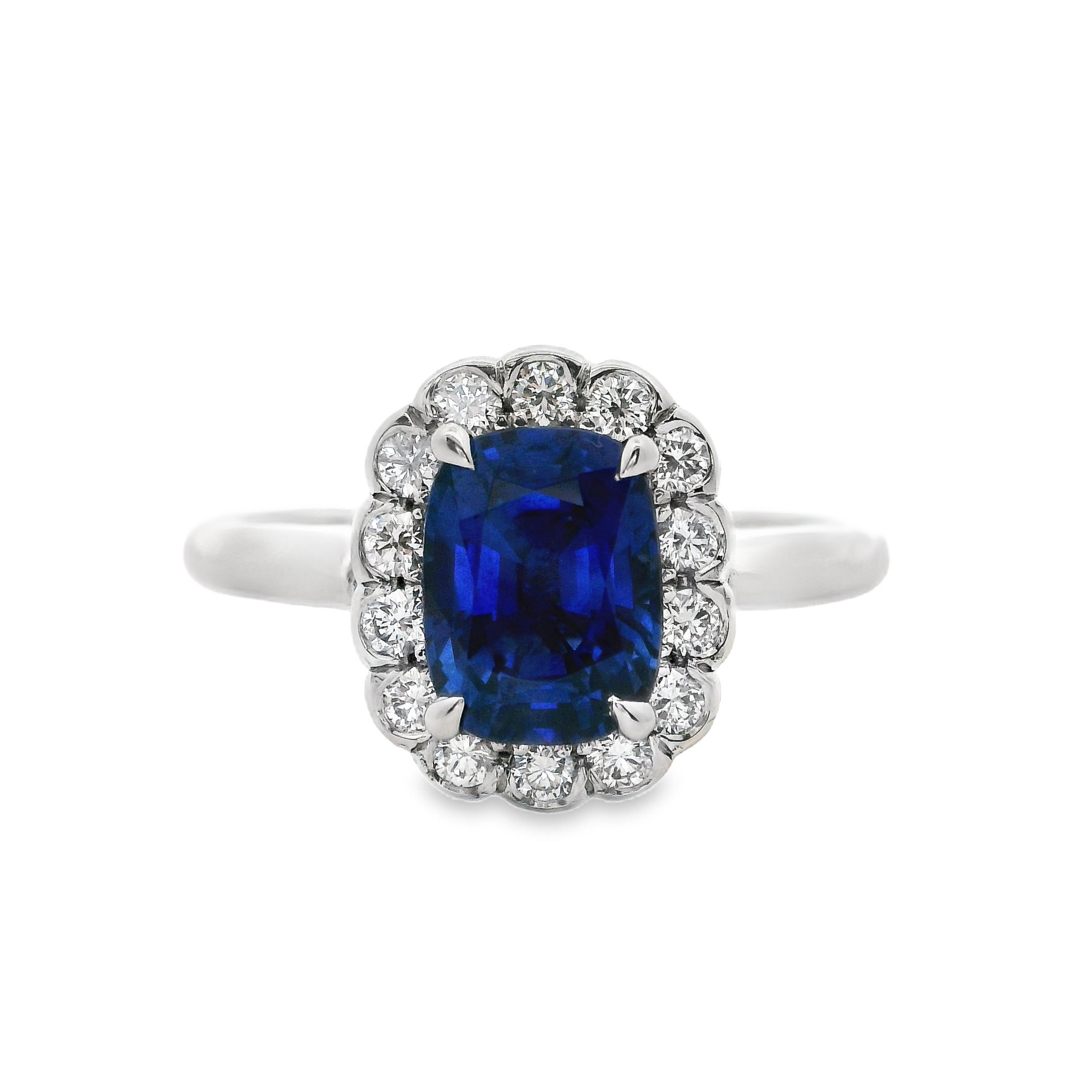 Platinum Claw Set Cushion Sapphire & Diamond Cluster Ring