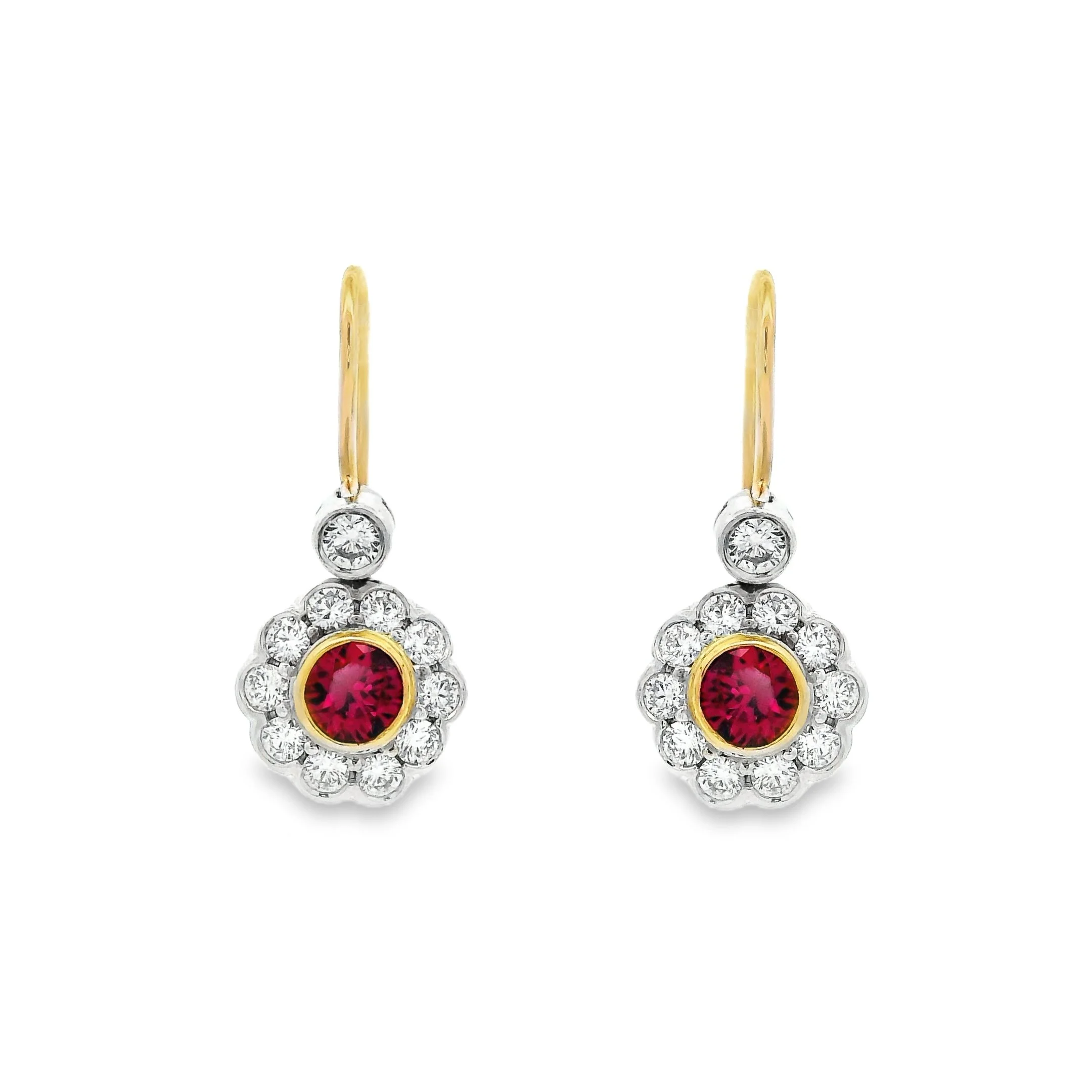 18ct White & Yellow Gold Bezel Set Round Ruby & Diamond Cluster Drop Earrings