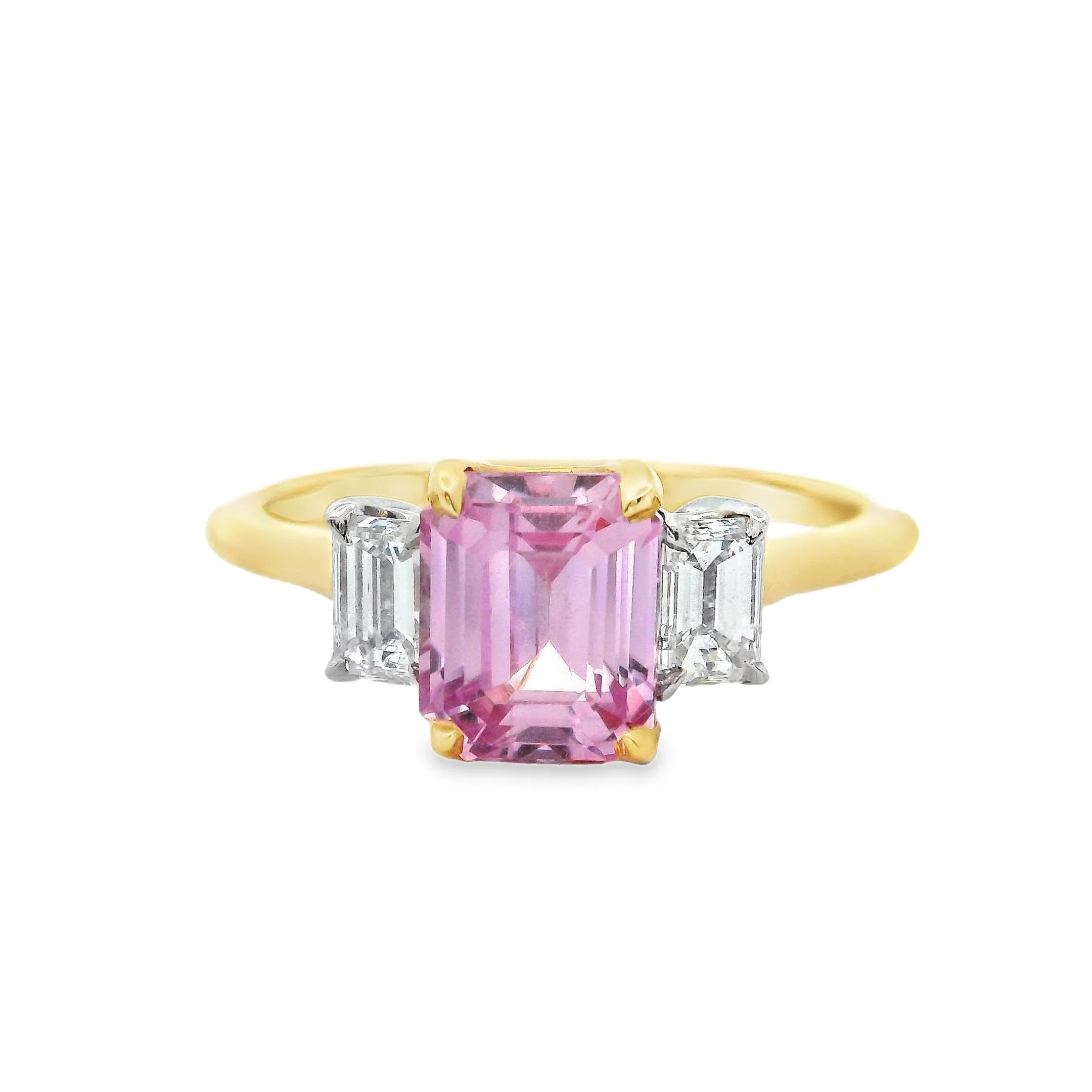 18ct Yellow Gold & Platinum Claw Set Emerald Cut Padparadscha Sapphire & Diamond 3 Stone Ring