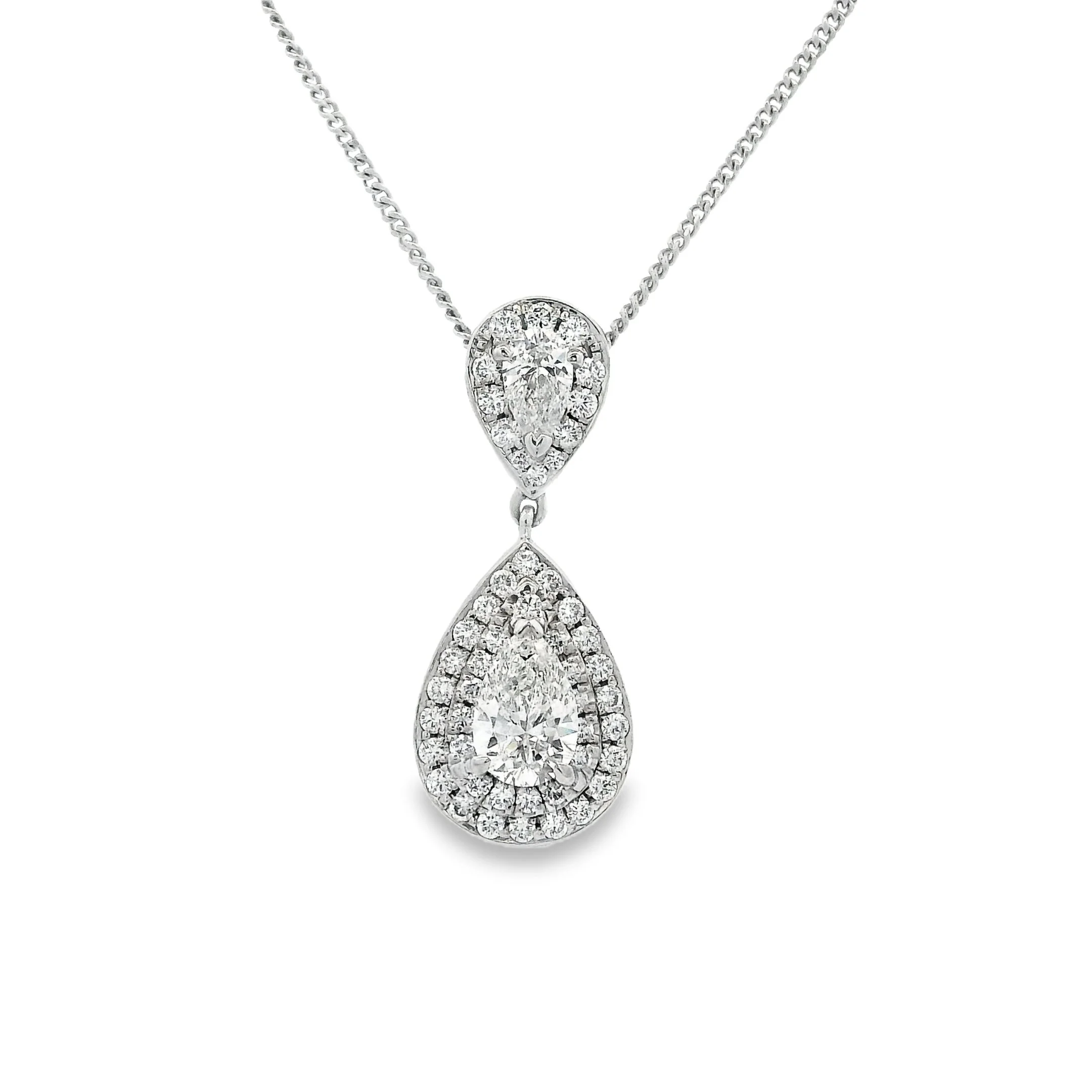 18ct White Gold Claw Set Pear Shape Diamond Double Halo Pendant, with Inverted Pear Shape Diamond Halo Top