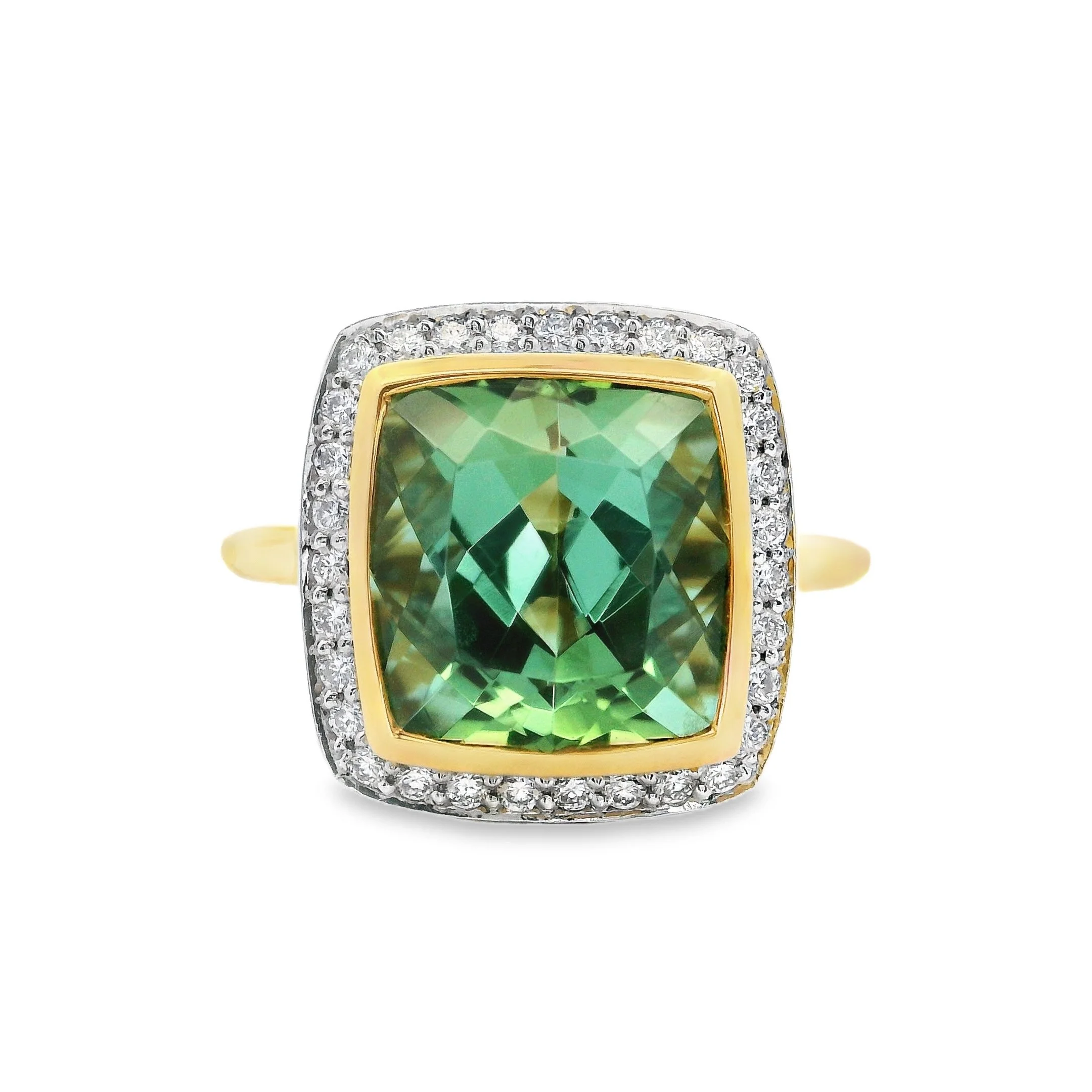 18ct Yellow Gold & Platinum Bezel Set Square Cushion Light Green Tourmaline & Diamond Halo Ring