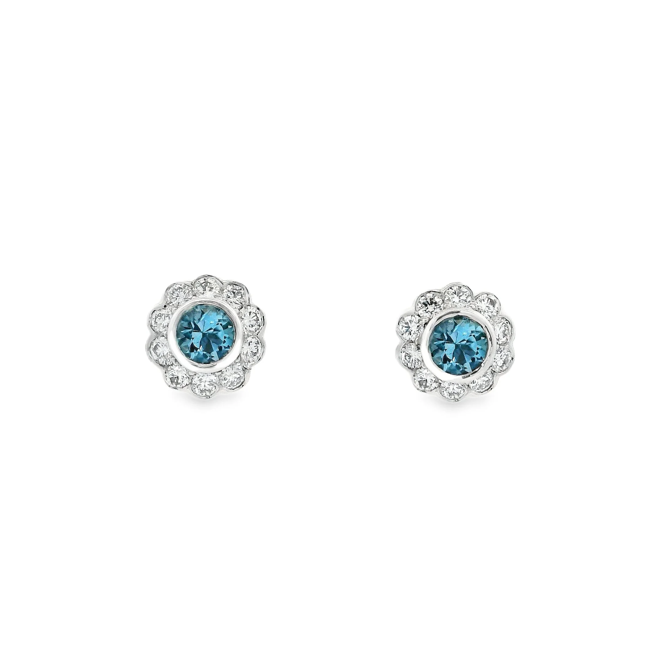18ct White Gold Bezel Set Round Aquamarine & Diamond Cluster Stud Earrings