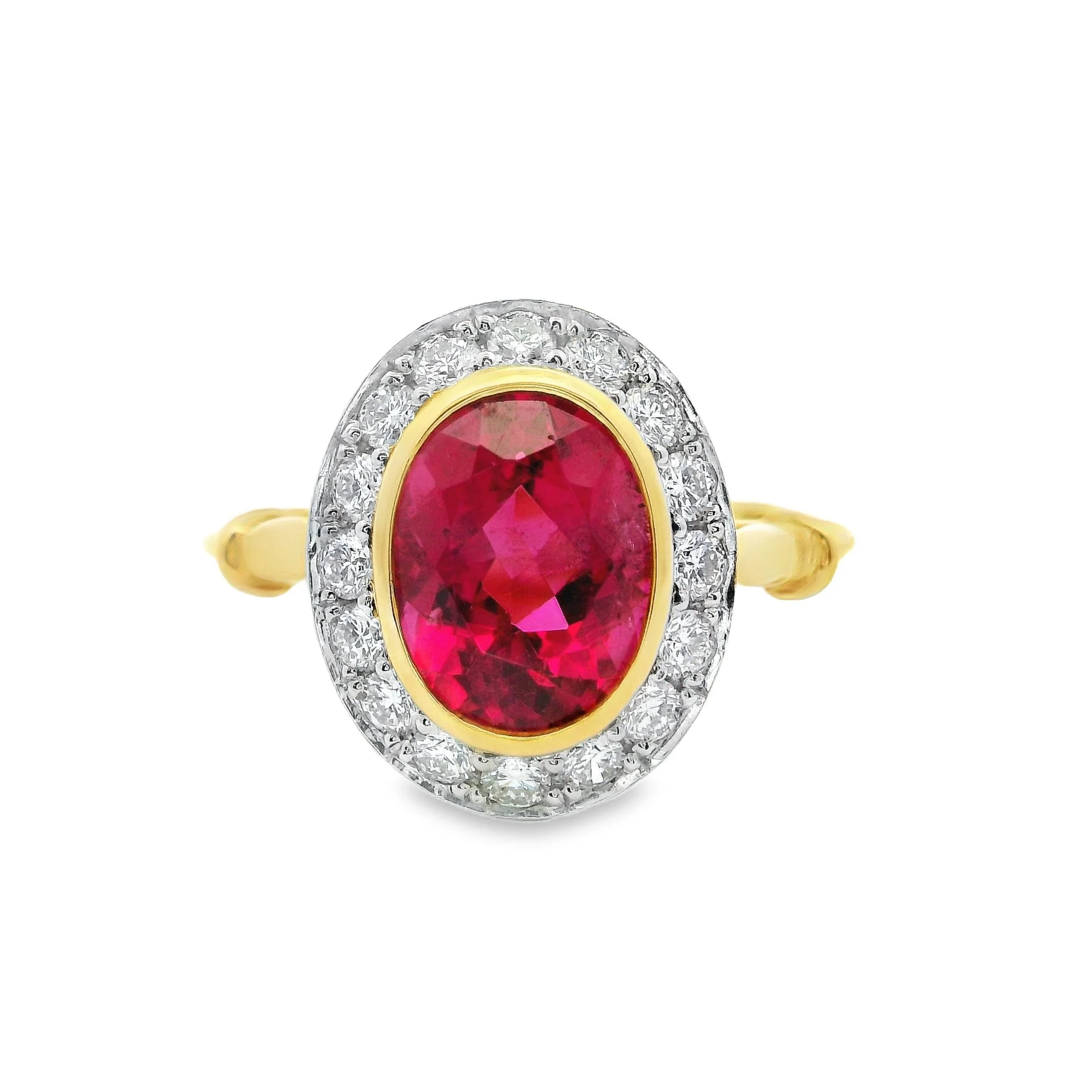 18ct Yellow Gold & Platinum Bezel Set Oval Rubellite Tourmaline & Diamond Halo Ring