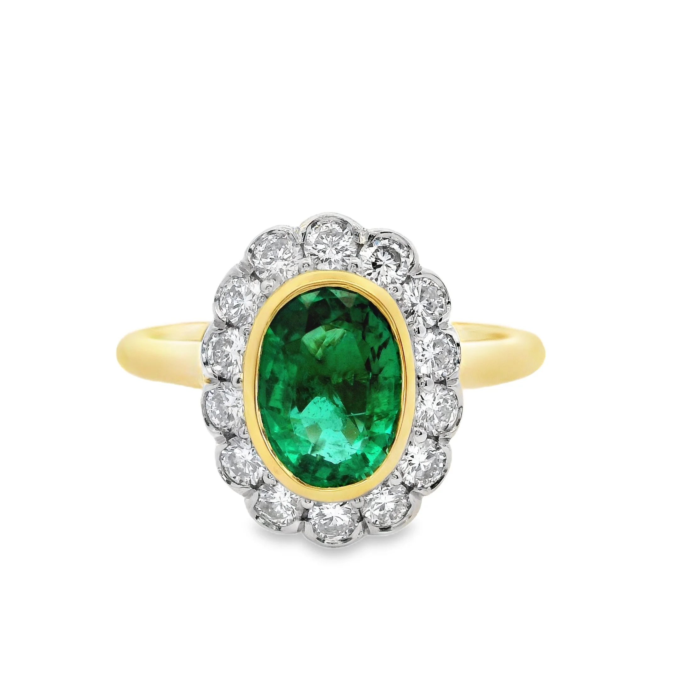 18ct Yellow Gold Bezel Set Oval Emerald & Diamond Cluster Ring