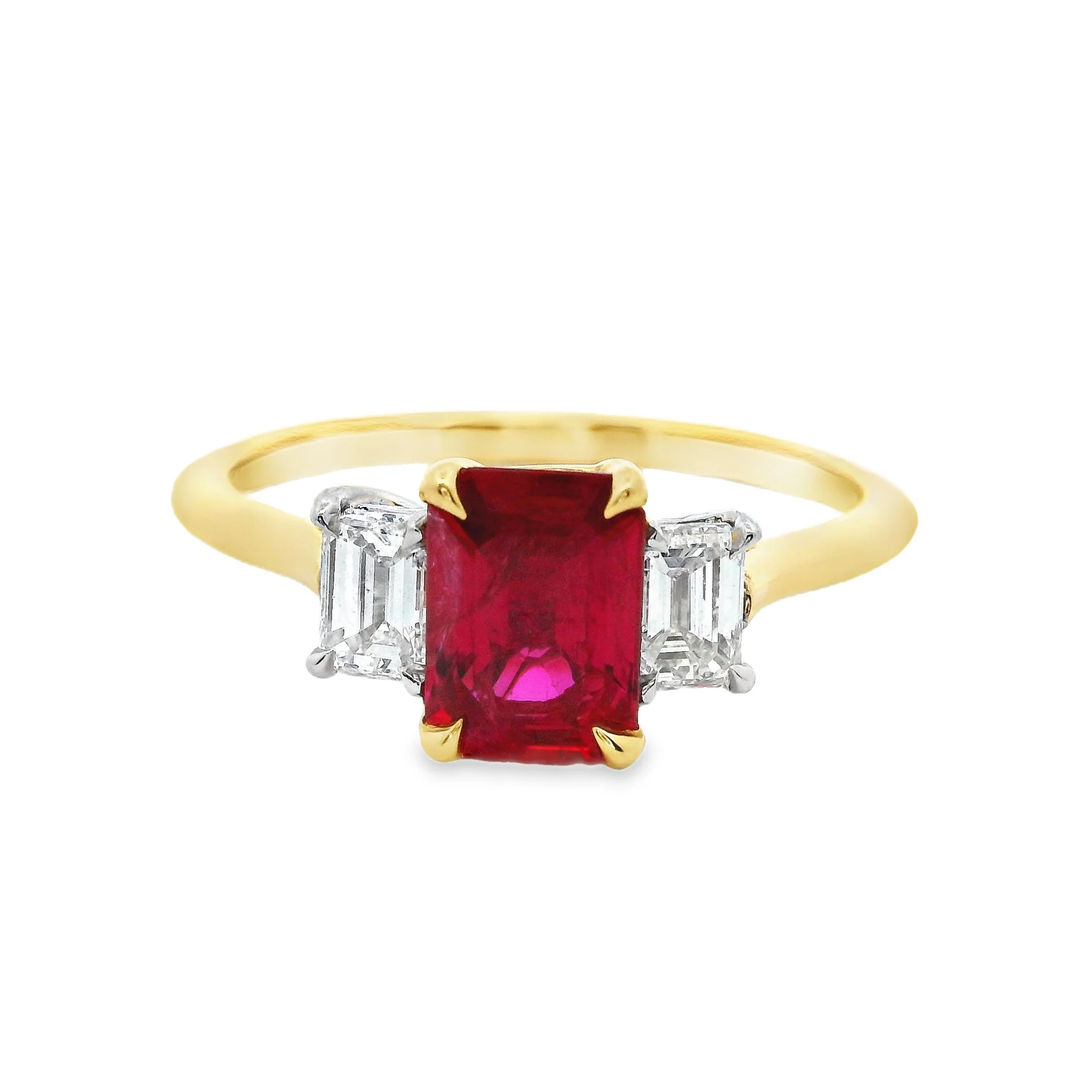 18ct Yellow Gold & Platinum Claw Set Emerald Cut Ruby & Diamond 3 Stone Ring