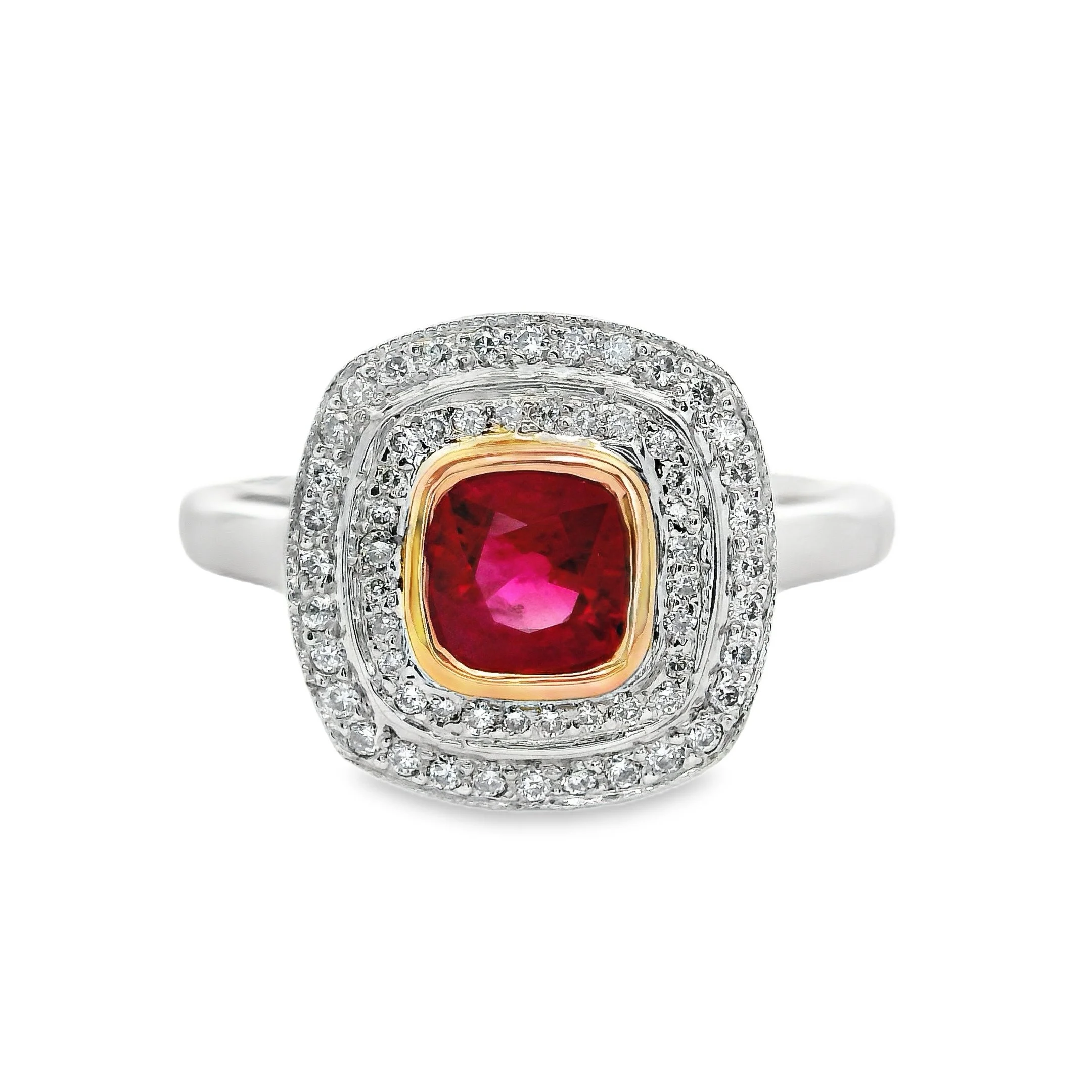 Platinum & 18ct Red Gold Bezel Set Cushion Ruby & Diamond Double Halo Ring