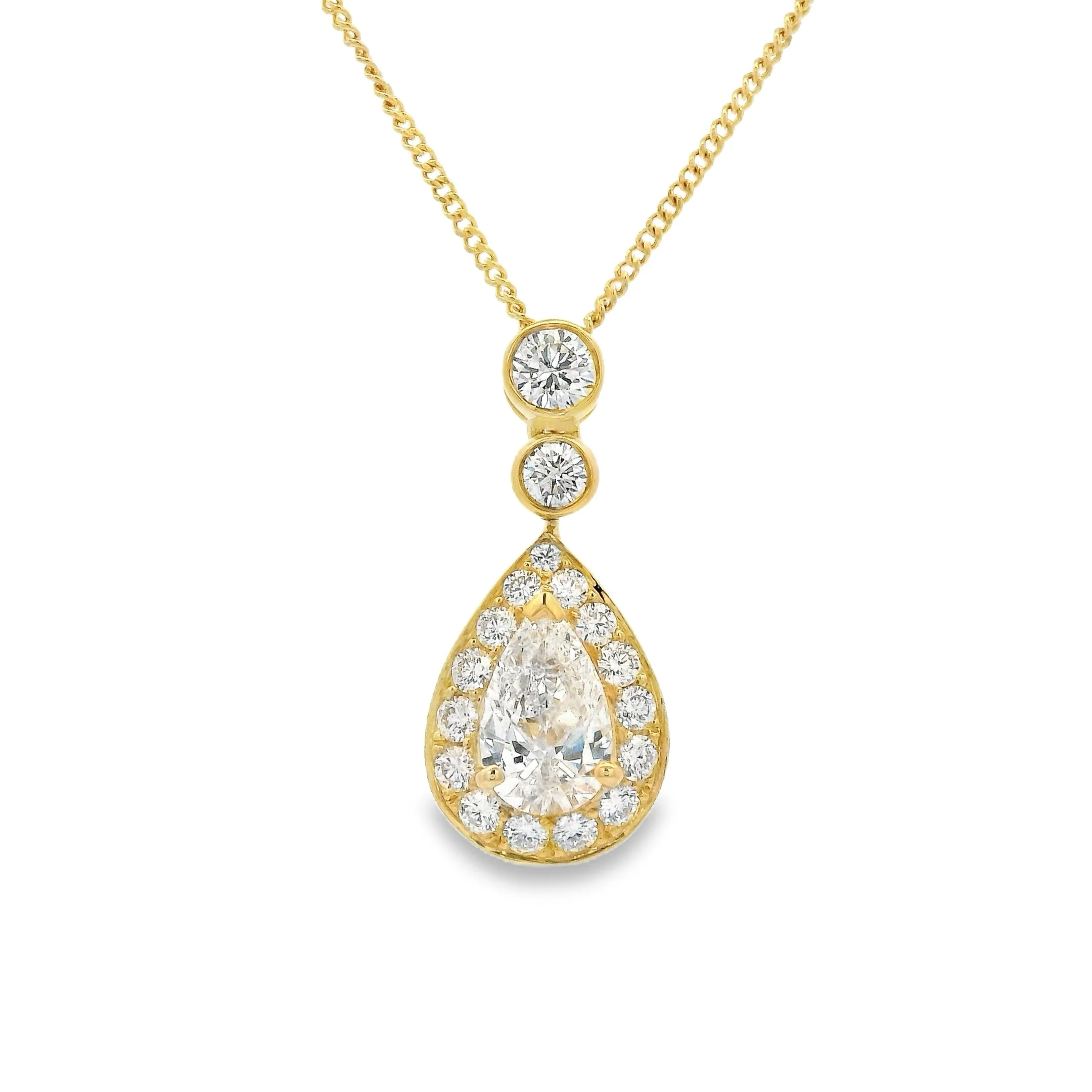 18ct Yellow Gold Claw Set Pear Shape Diamond Halo Pendant