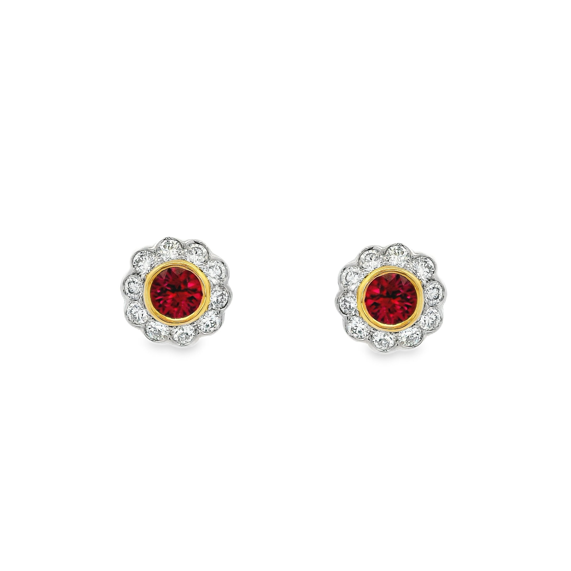 18ct White & Yellow Gold Bezel Set Round Ruby & Diamond Cluster Stud Earrings