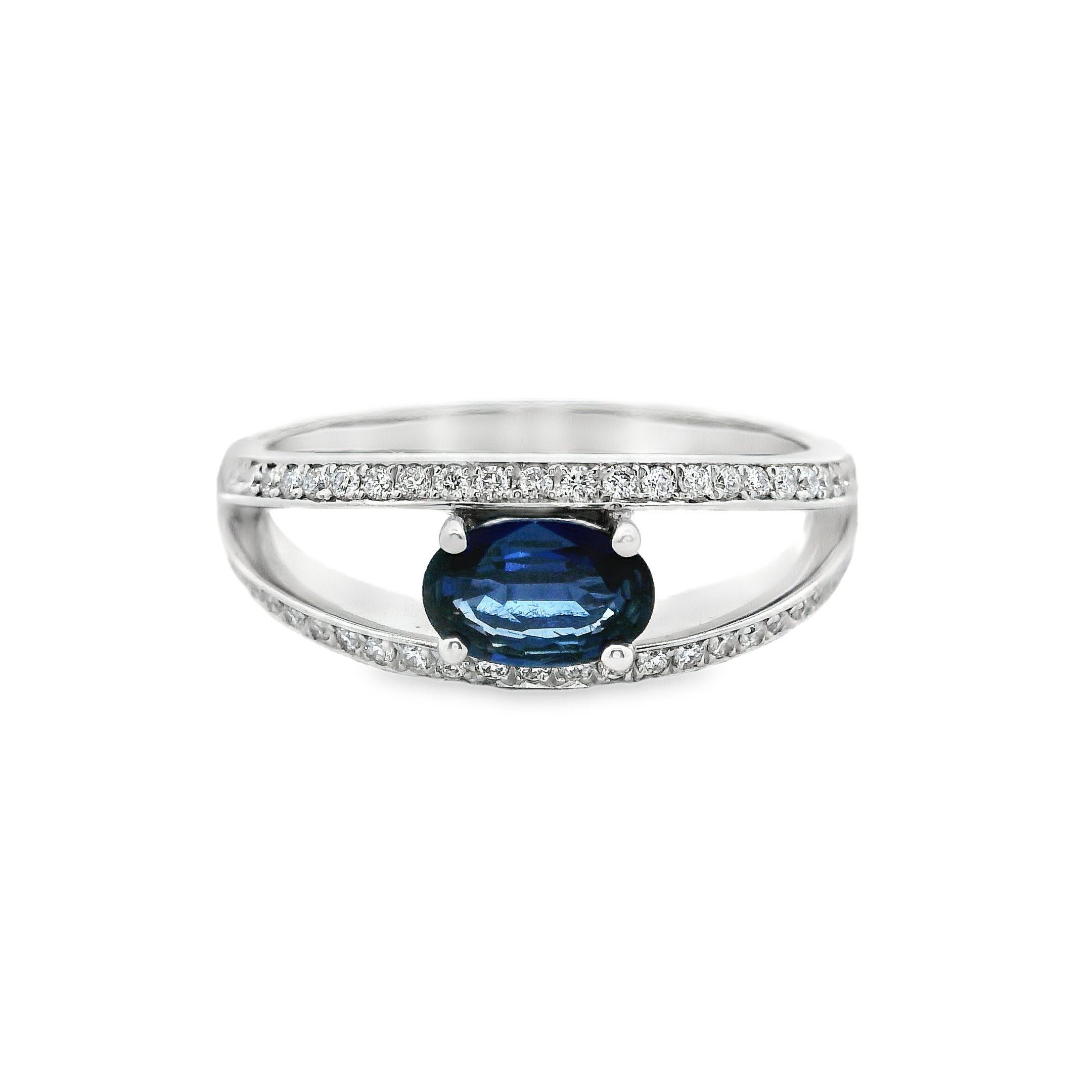 18ct White Gold Claw Set Oval Sapphire Ring, with Pave Set Diamond Split Edge