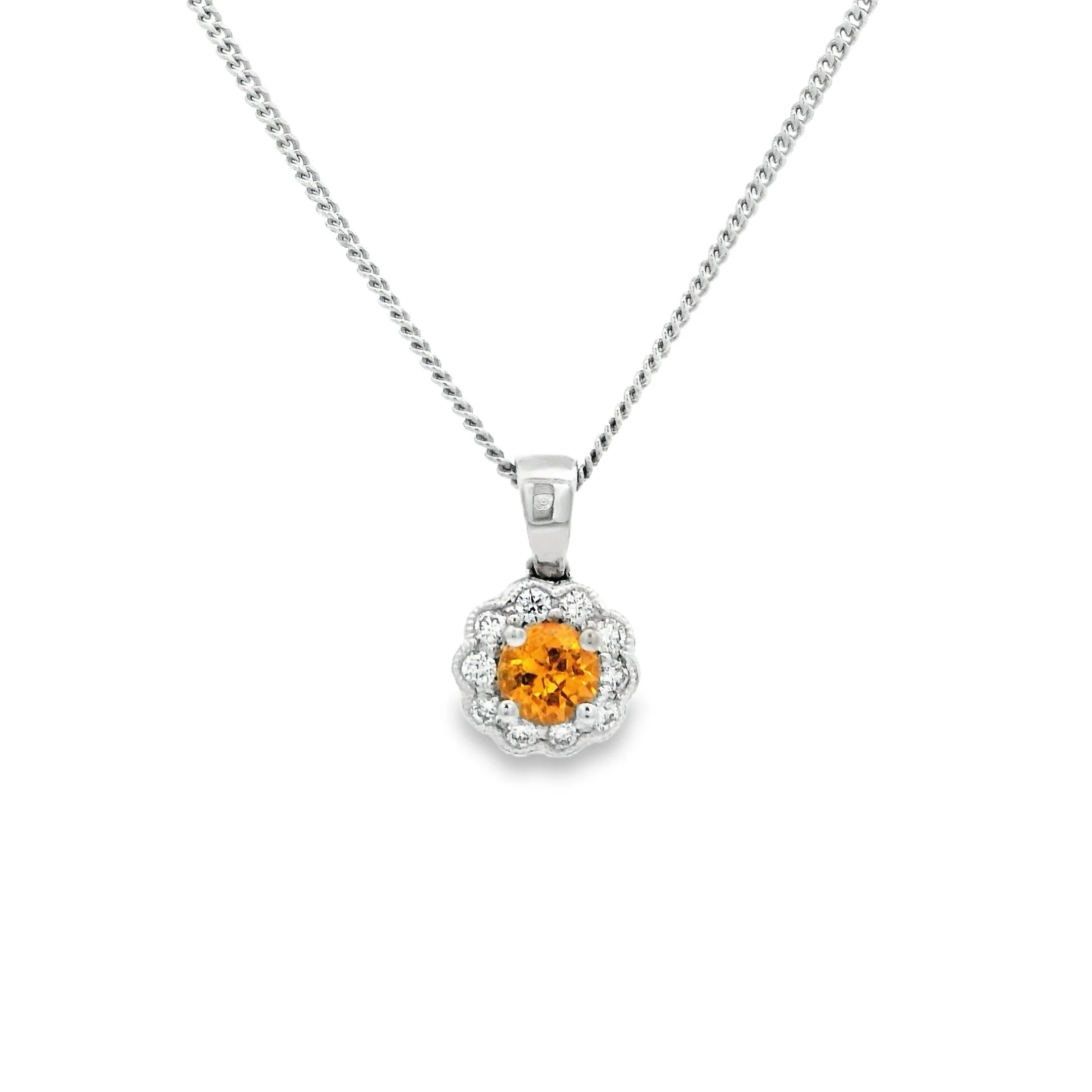18ct White Gold Claw Set Round Spessartite Garnet & Diamond Cluster Pendant