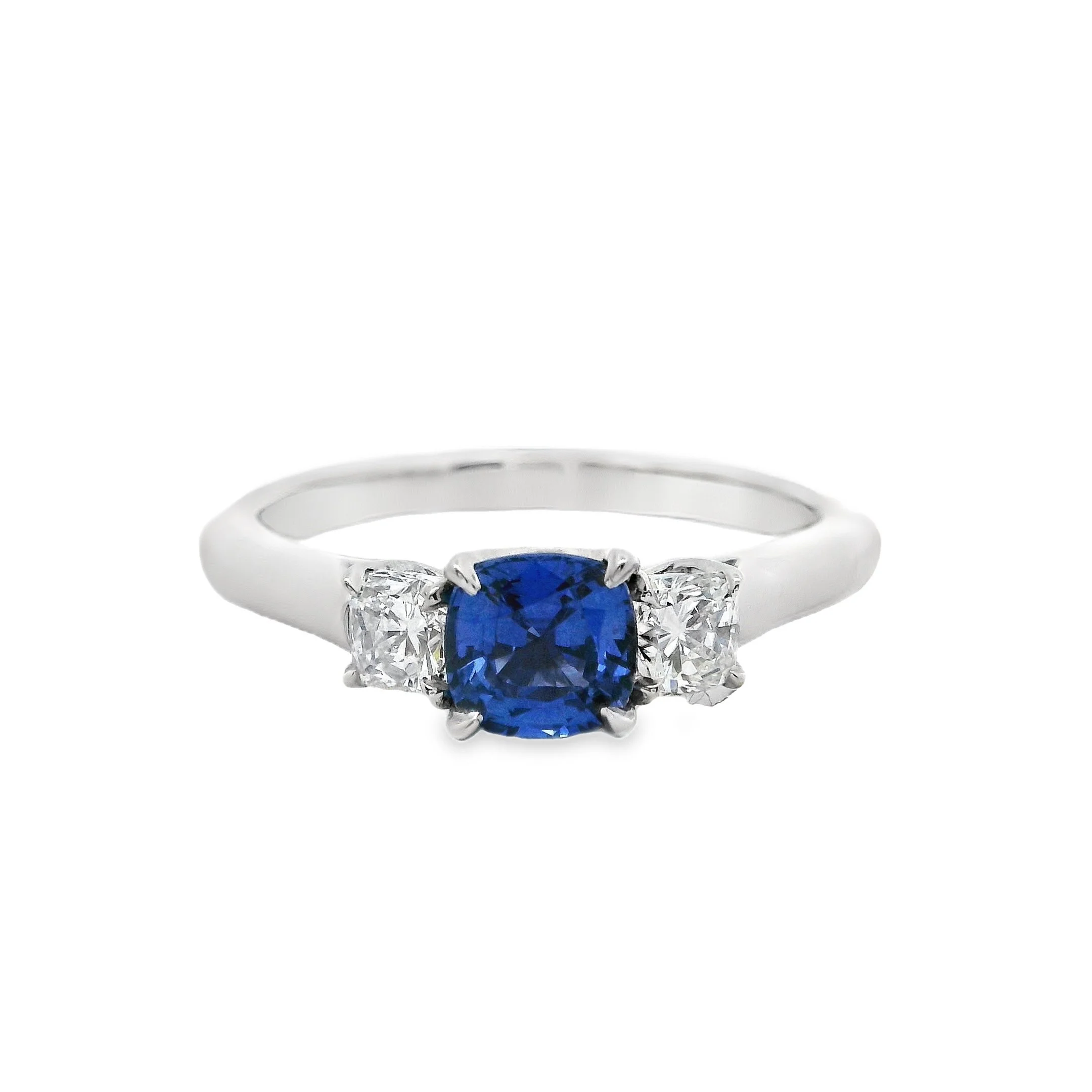 Platinum Claw Set Cushion Sapphire & Diamond 3 Stone Ring