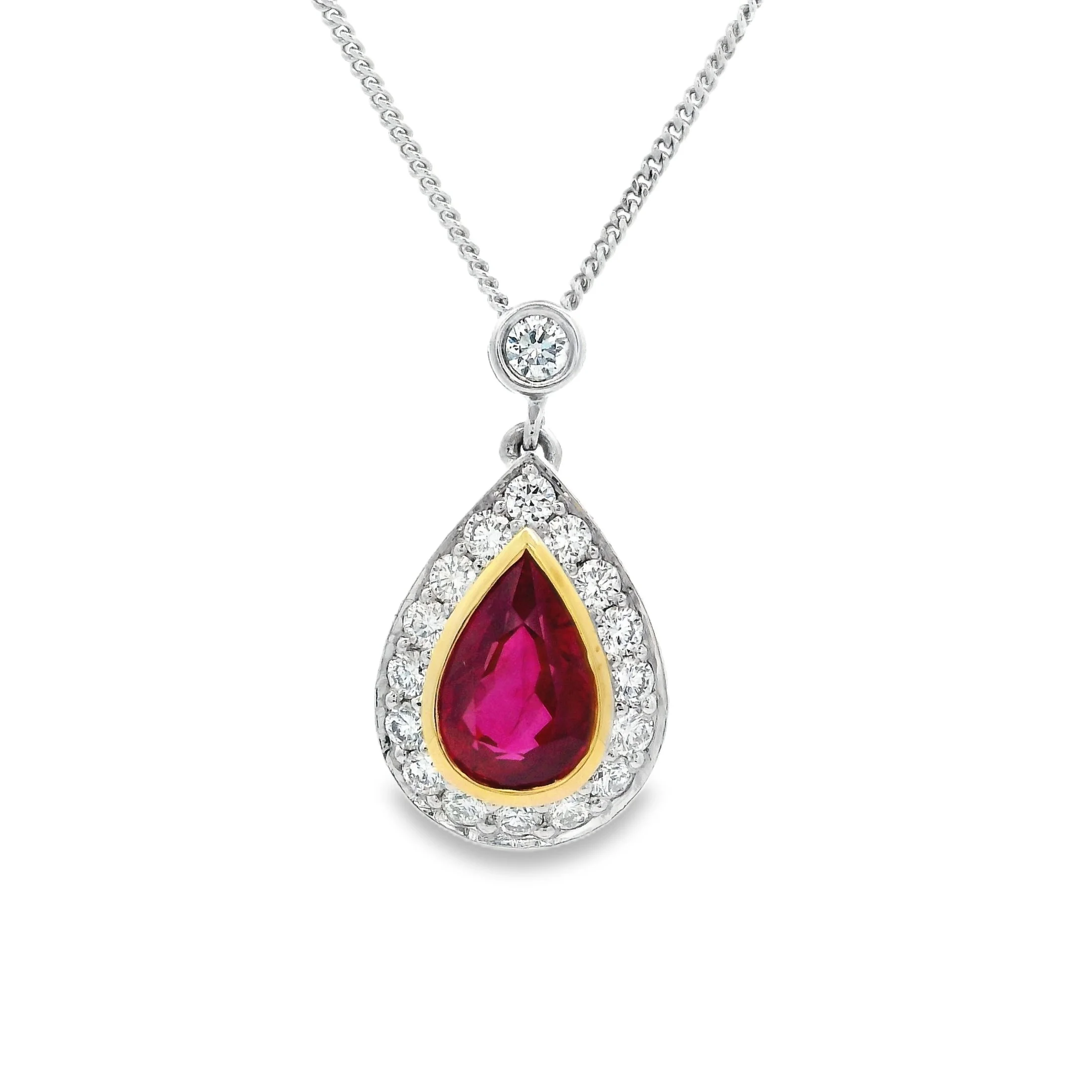 18ct White Gold Pear Shape Ruby & Diamond Halo Pendant, with Yellow Gold Rubover Centre