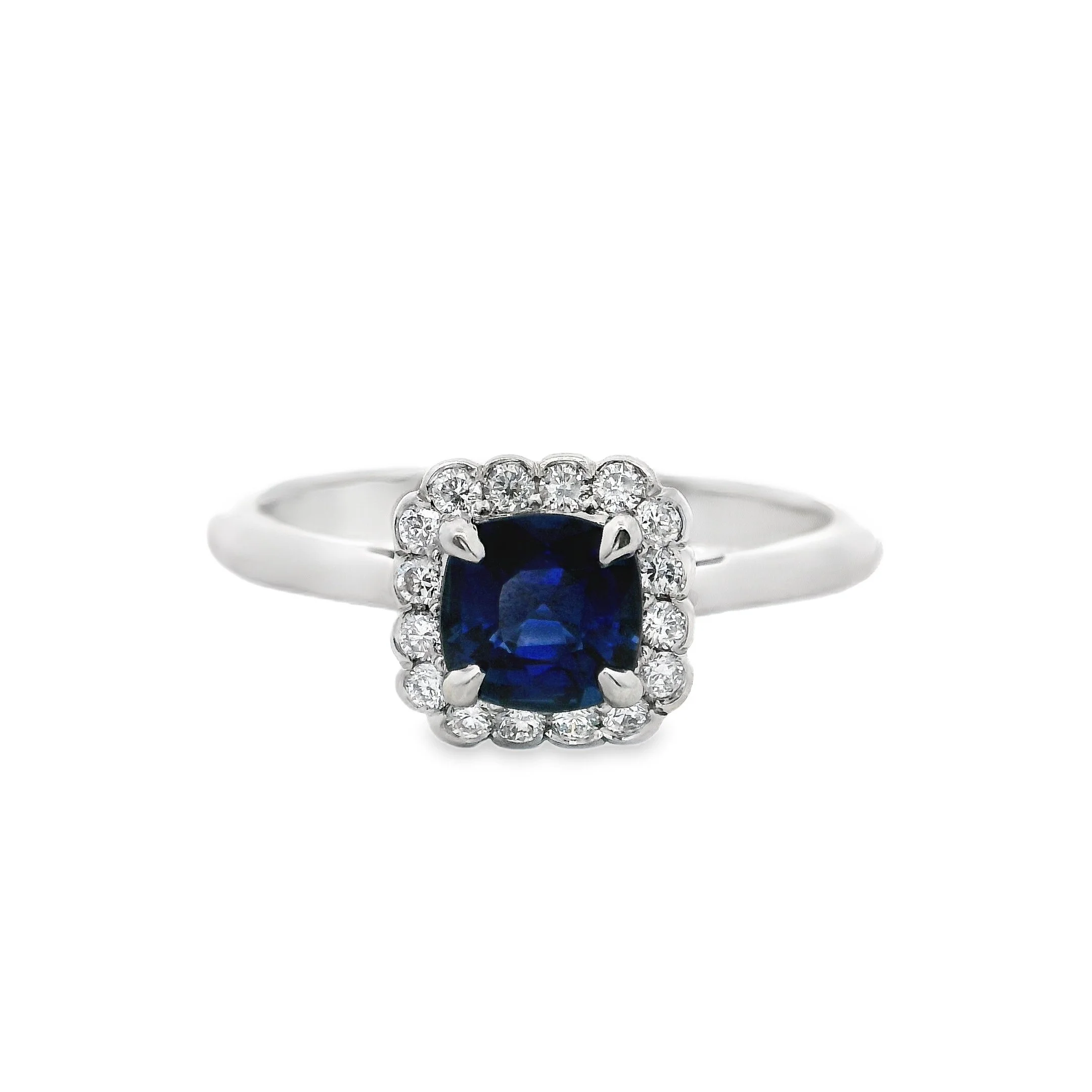 Platinum Claw Set Cushion Sapphire & Diamond Cluster Ring