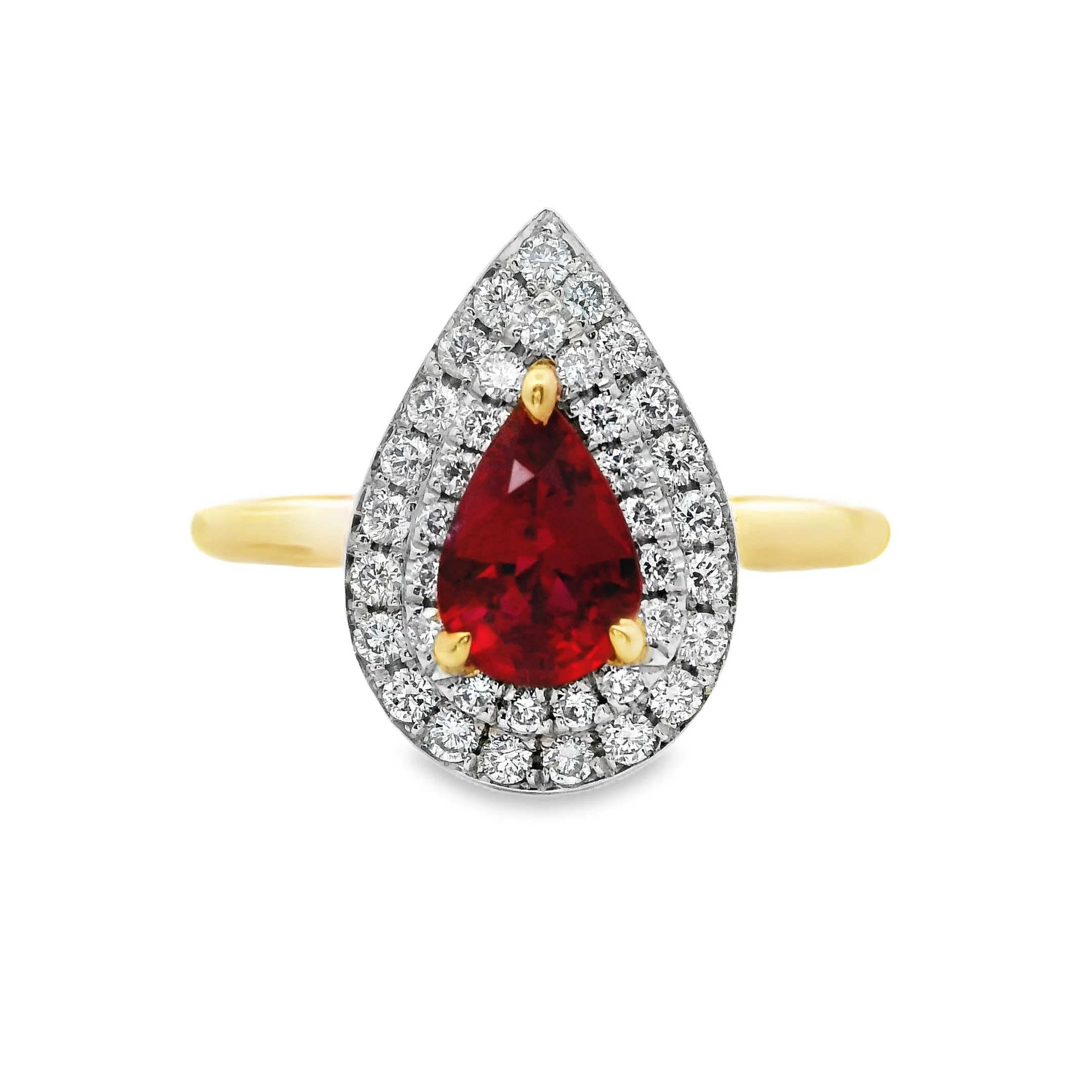 18ct Yellow Gold & Platinum Claw Set Pear Shape Ruby & Diamond Double Halo Ring