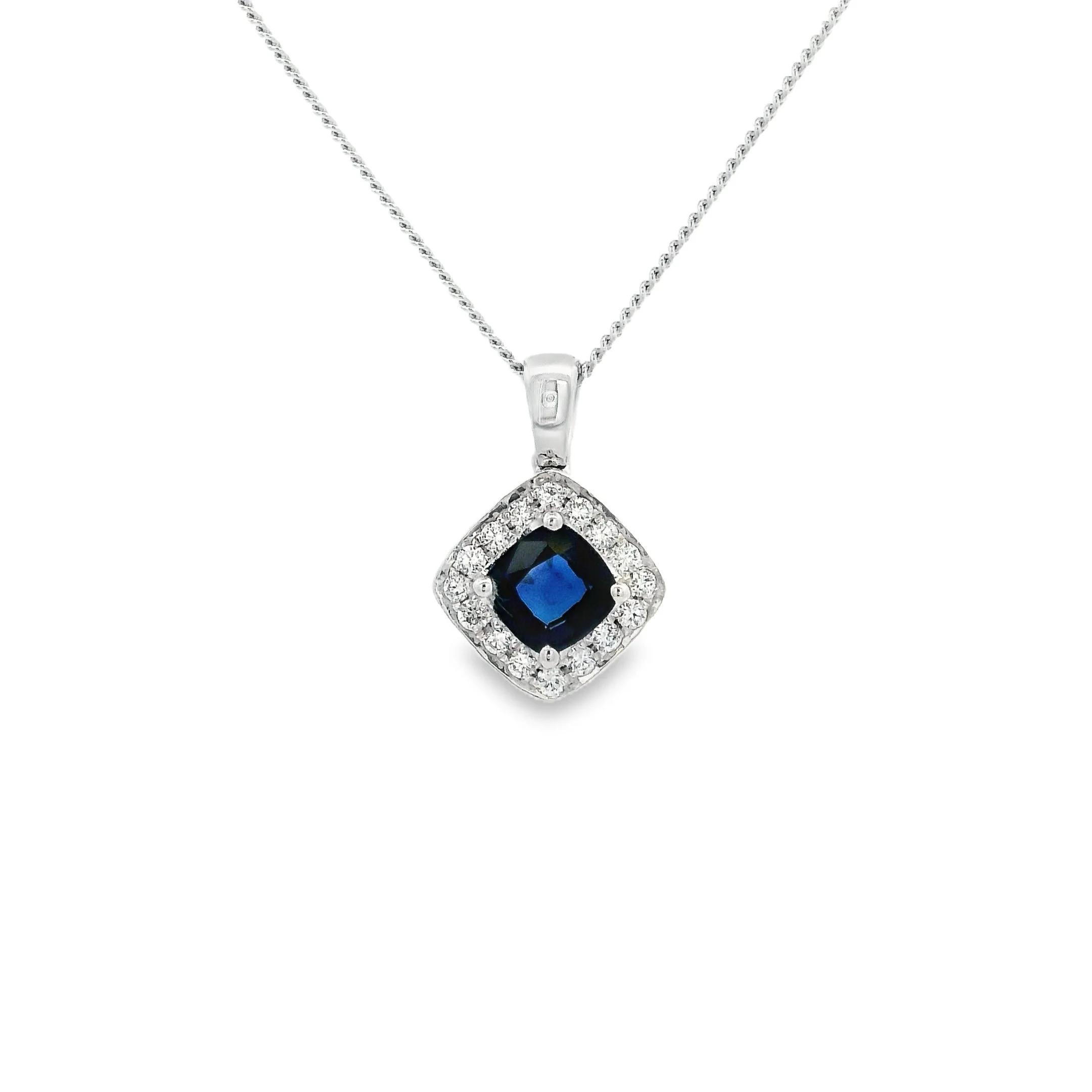 18ct White Gold Claw Set Cushion Sapphire & Diamond Halo Pendant