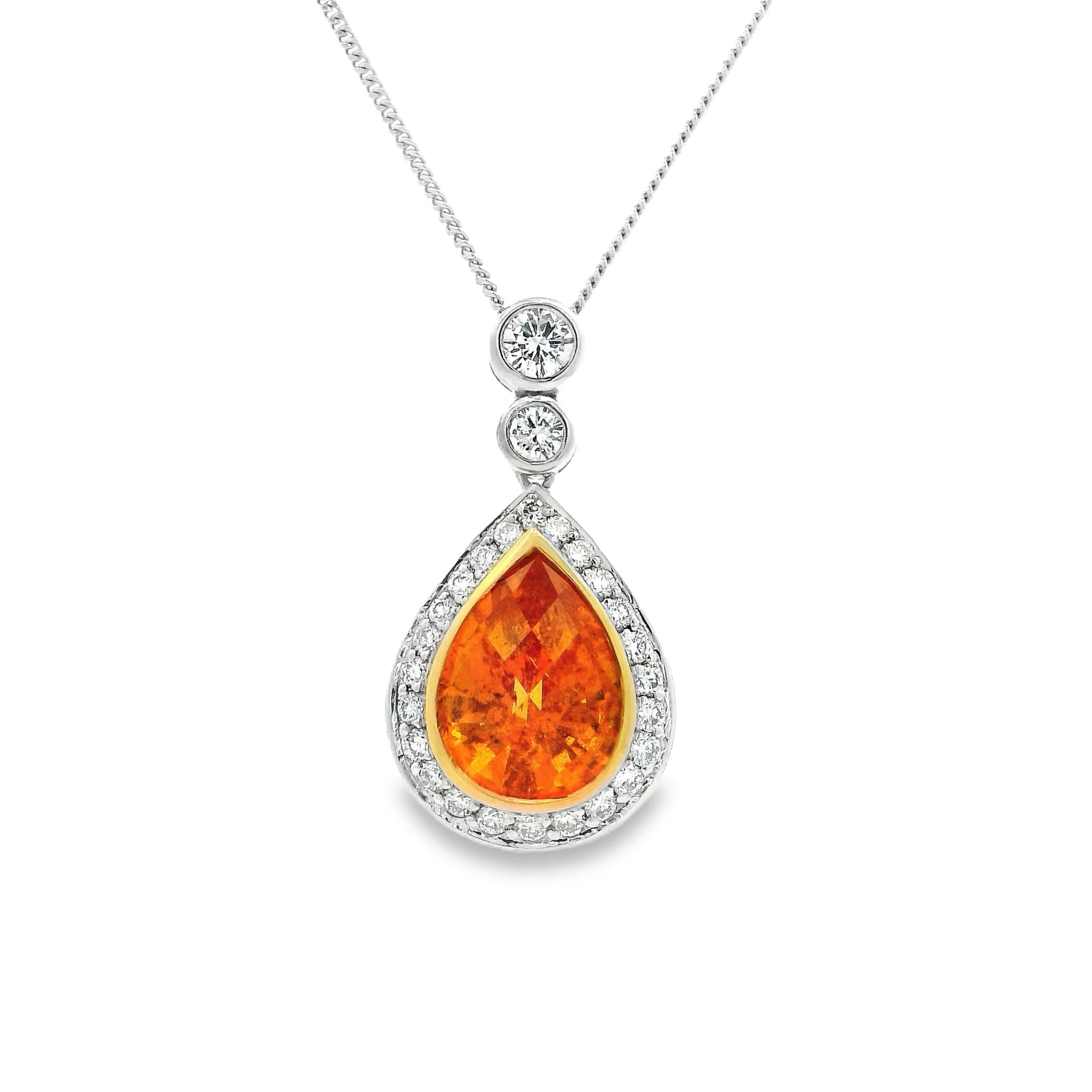 18ct White & Yellow Gold Bezel Set Pear Shape Spessartite Garnet & Diamond Halo Pendant
