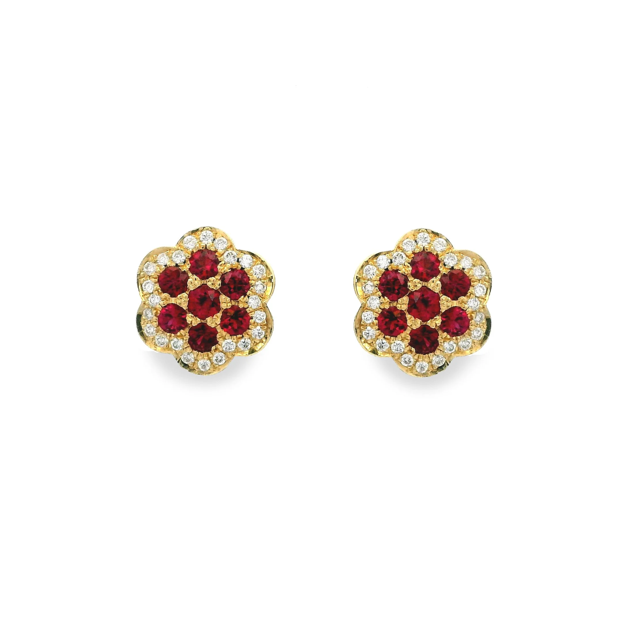 18ct Yellow Gold Pave Set Round Ruby & Diamond Flower Cluster Stud Earrings